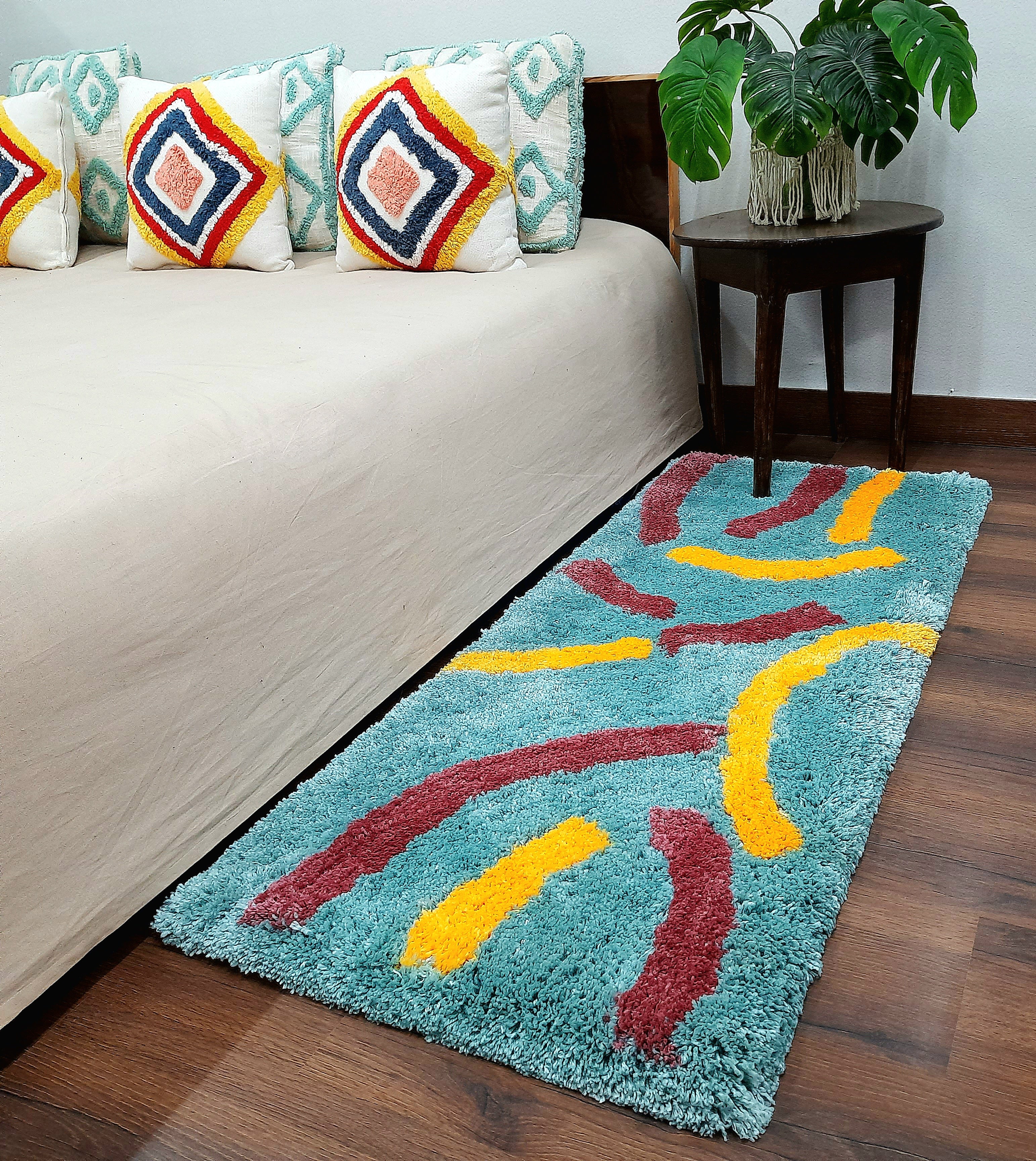 Plush Premium Shaggy Aqua Blue Base & Multi Colour With Modern Design /Bedside Runners by Avioni Home