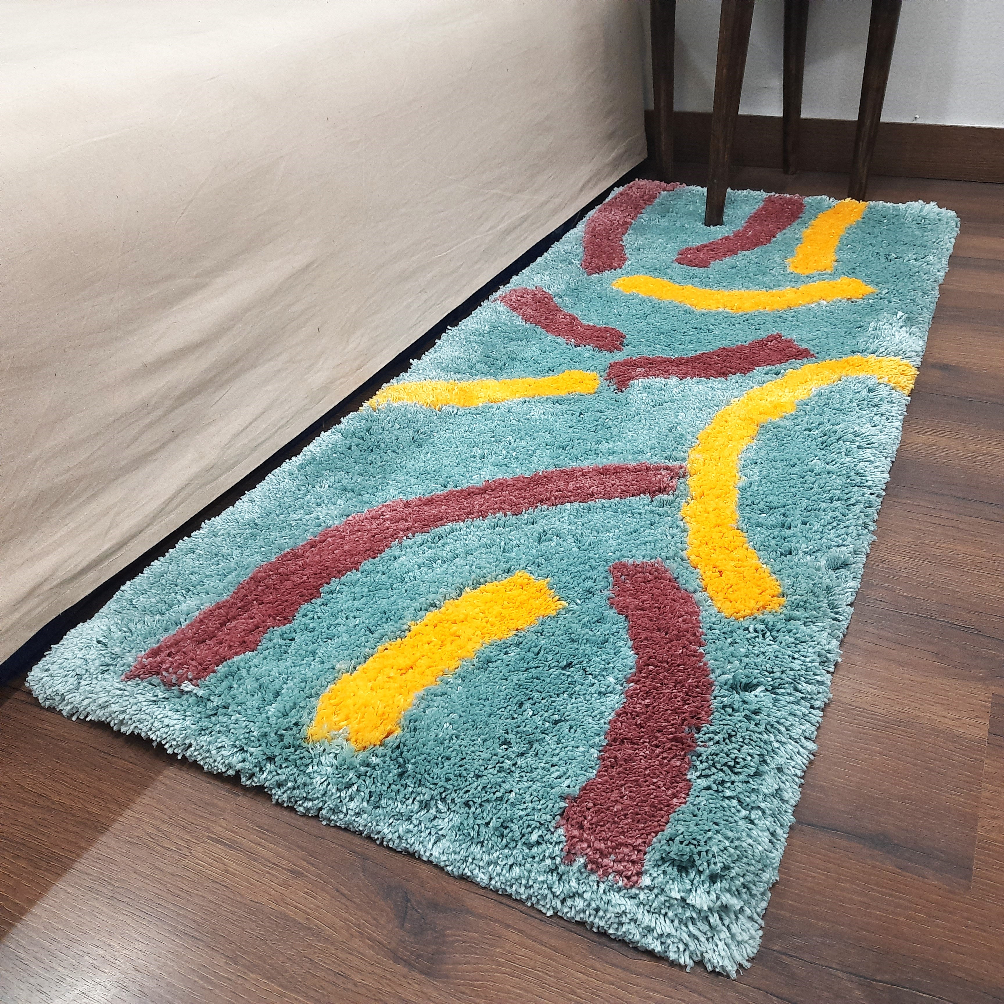 Plush Premium Shaggy Aqua Blue Base & Multi Colour With Modern Design /Bedside Runners by Avioni Home