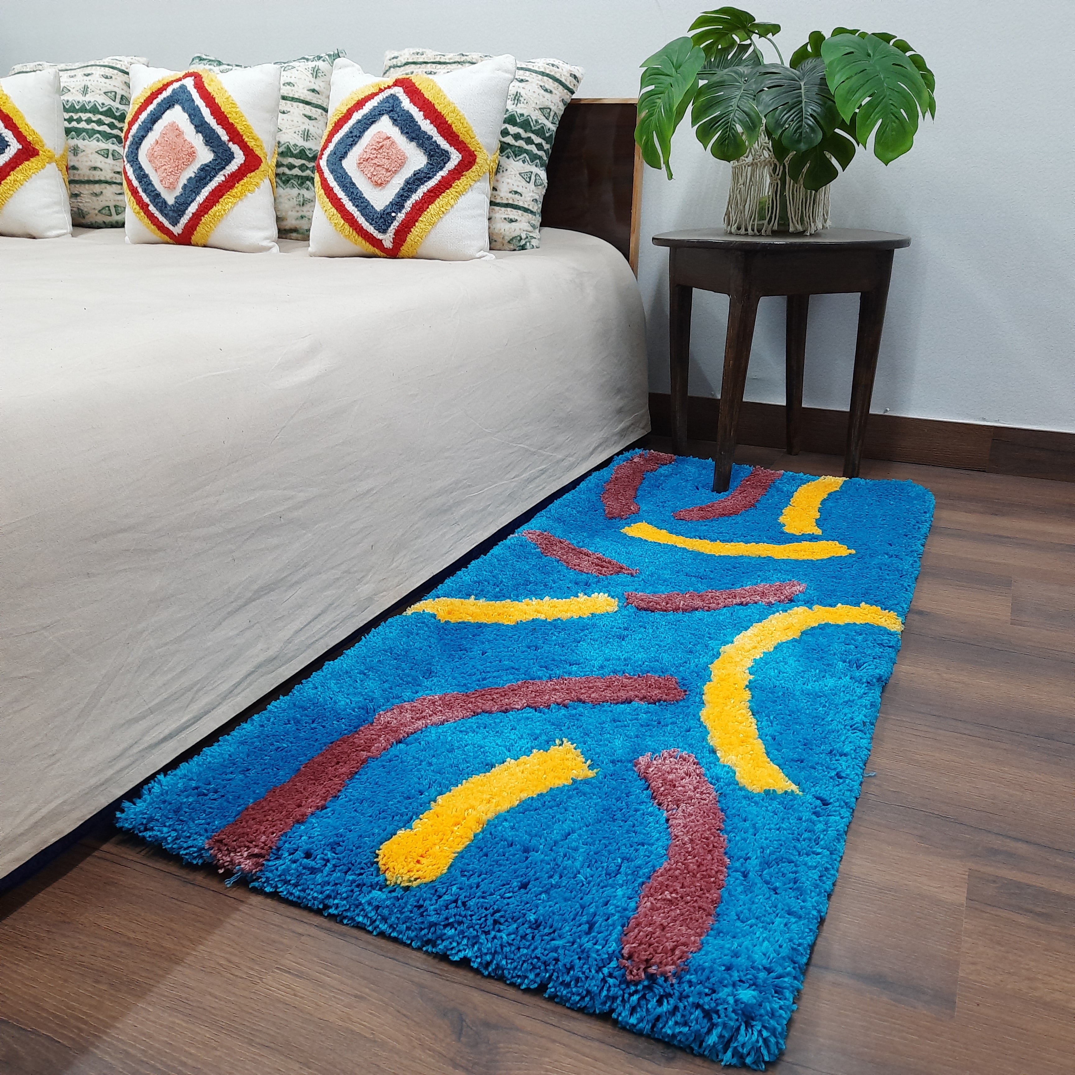 Plush Premium Shaggy Blue Base & Multi Colour With Modern Design /Bedside Runners by Avioni Home
