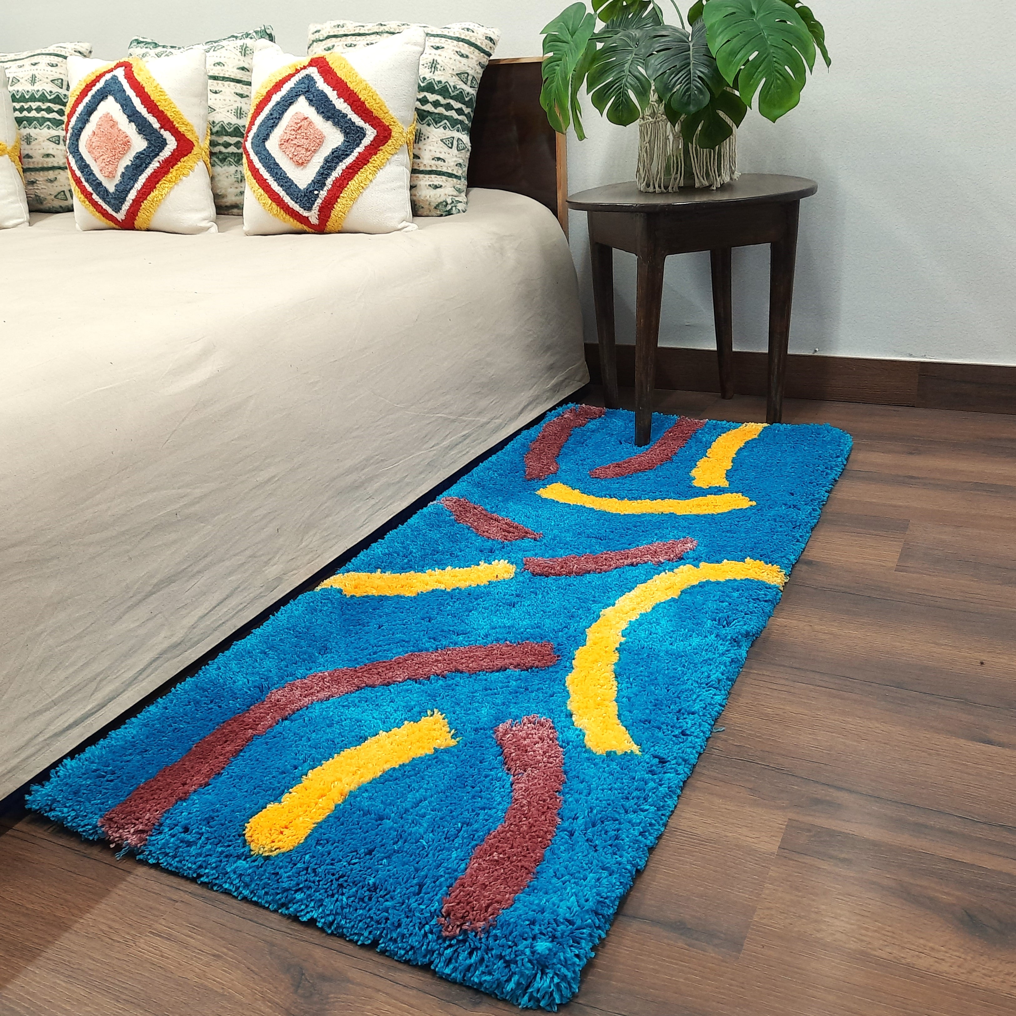 Plush Premium Shaggy Blue Base & Multi Colour With Modern Design /Bedside Runners by Avioni Home