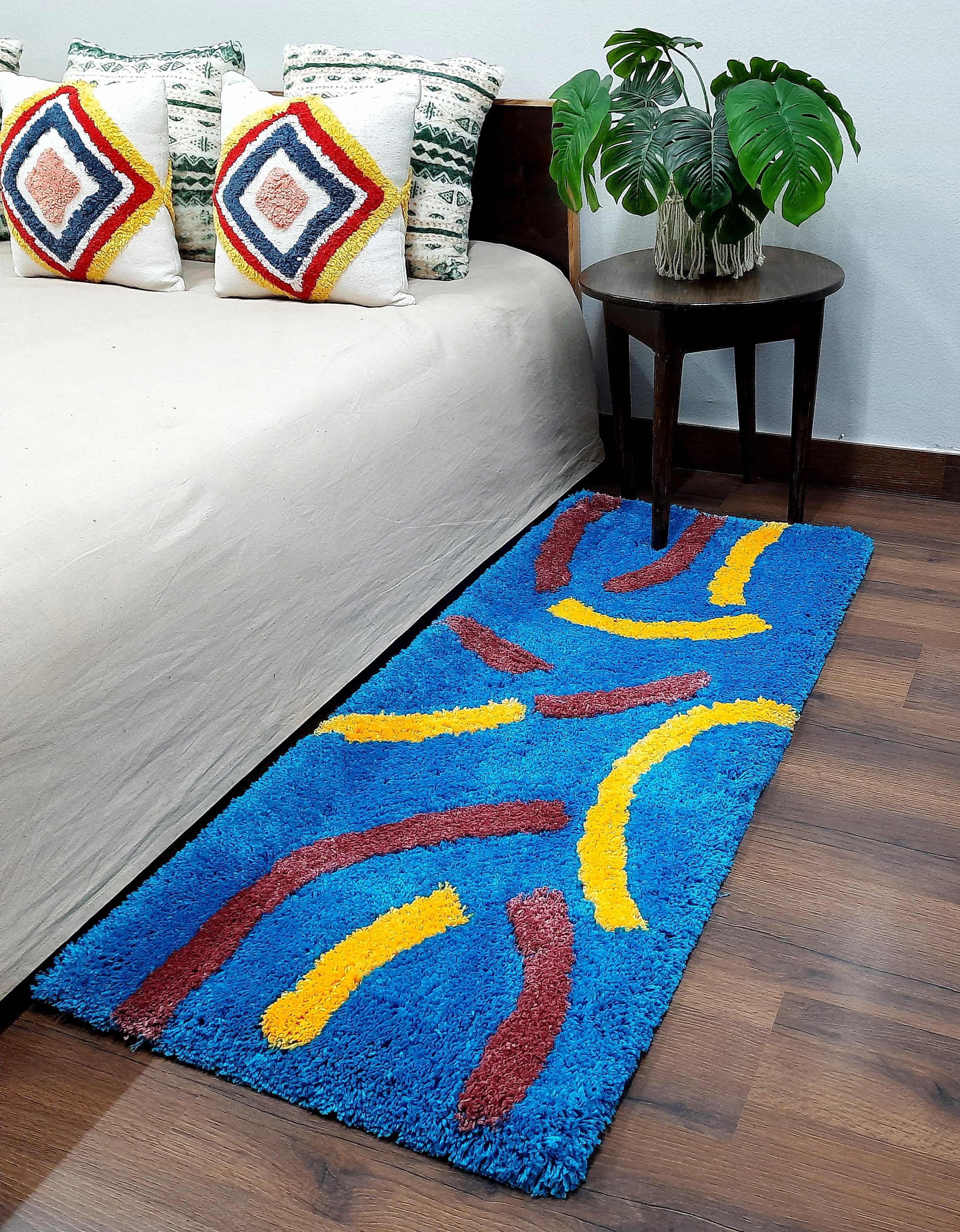 Plush Premium Shaggy Blue Base & Multi Colour With Modern Design /Bedside Runners by Avioni Home
