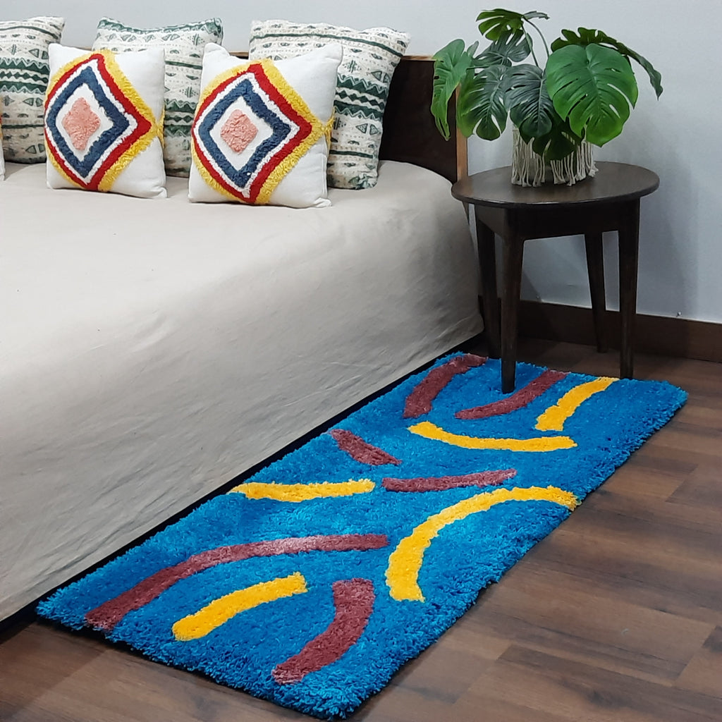 Plush Premium Shaggy Blue Base & Multi Colour With Modern Design /Bedside Runners by Avioni Home