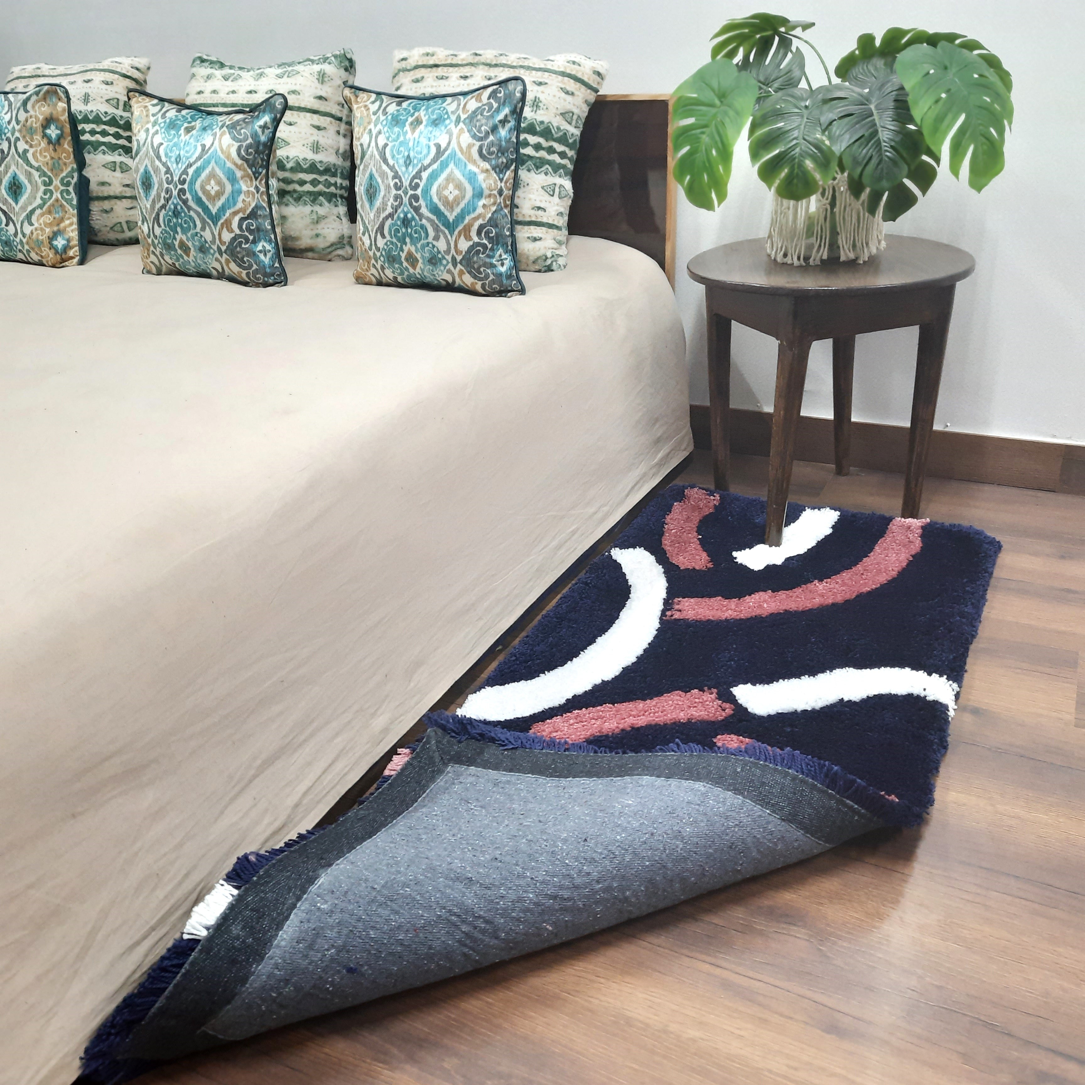 Plush Premium Shaggy Blue Charcoal Base & Multi Colour With Modern Design /Bedside Runners by Avioni Home