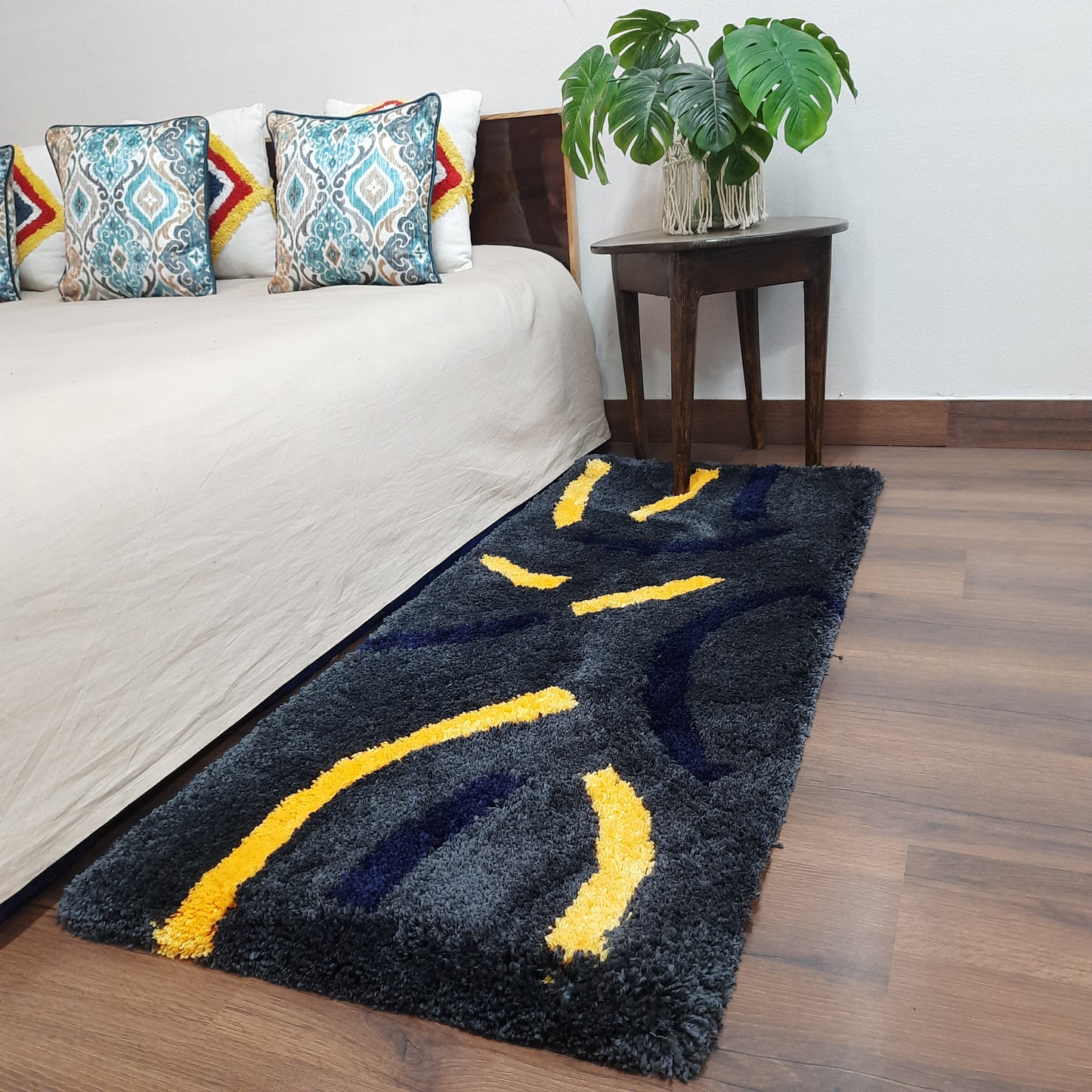 Plush Premium Shaggy Black Pearl Base & Multi Colour With Modern Design /Bedside Runners by Avioni Home