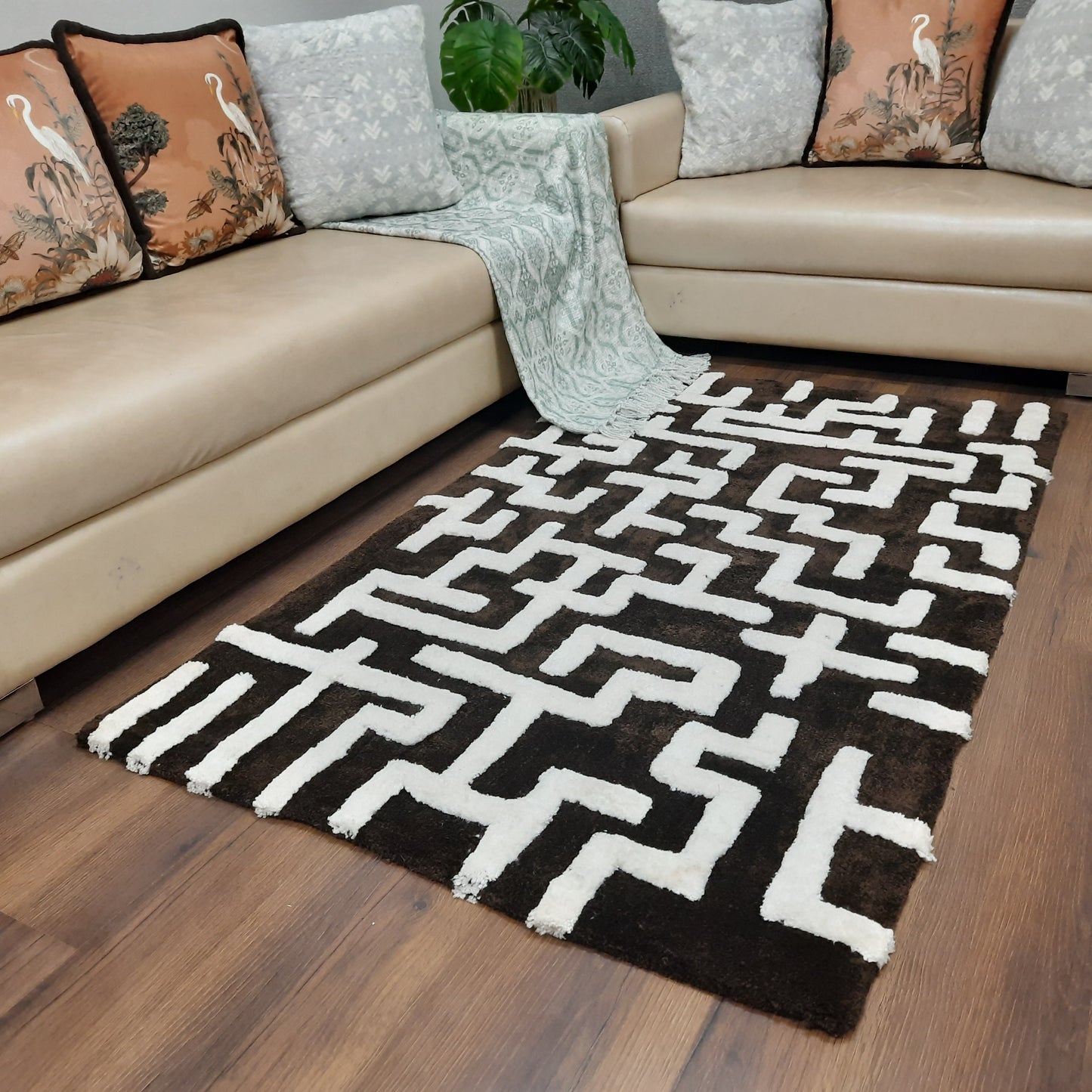 Avioni Modern Collection- Micro Dark Coffee & Ivory With Geometric Design Tufted Carpet-Different Sizes Shaggy Fluffy Rugs and Carpet for Living Room