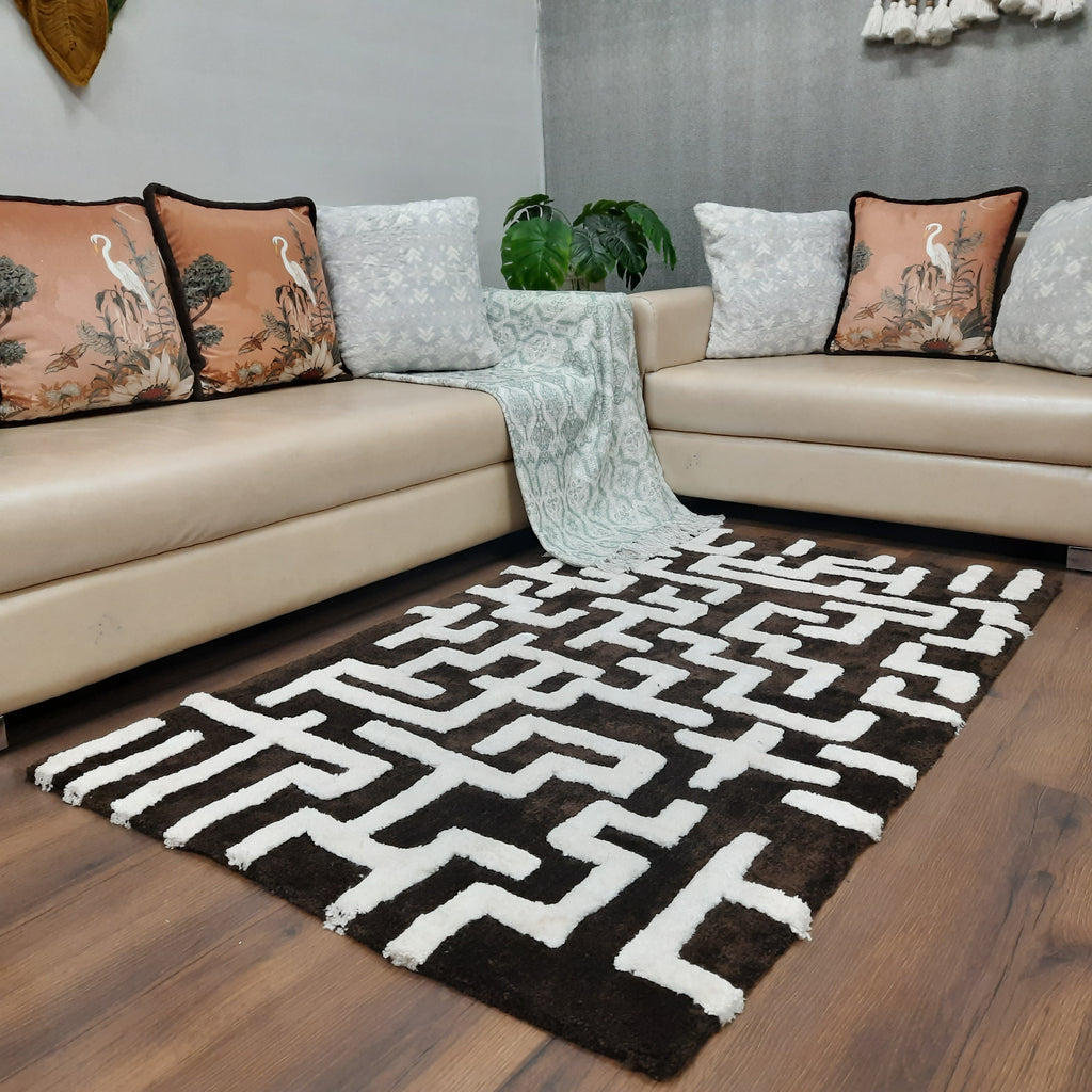 Avioni Modern Collection- Micro Dark Coffee & Ivory With Geometric Design Tufted Carpet-Different Sizes Shaggy Fluffy Rugs and Carpet for Living Room