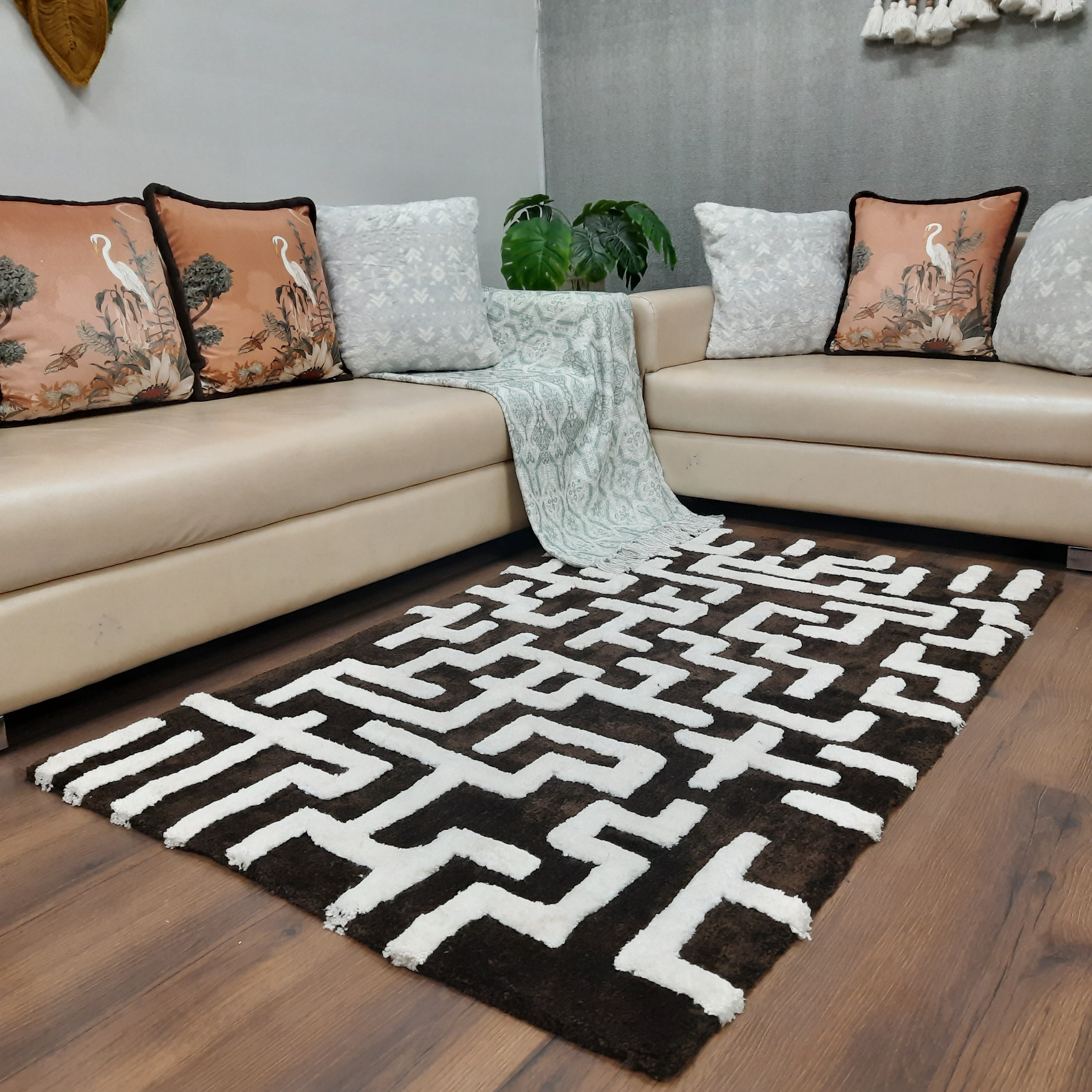Avioni Modern Collection- Micro Dark Coffee & Ivory With Geometric Design Tufted Carpet-Different Sizes Shaggy Fluffy Rugs and Carpet for Living Room