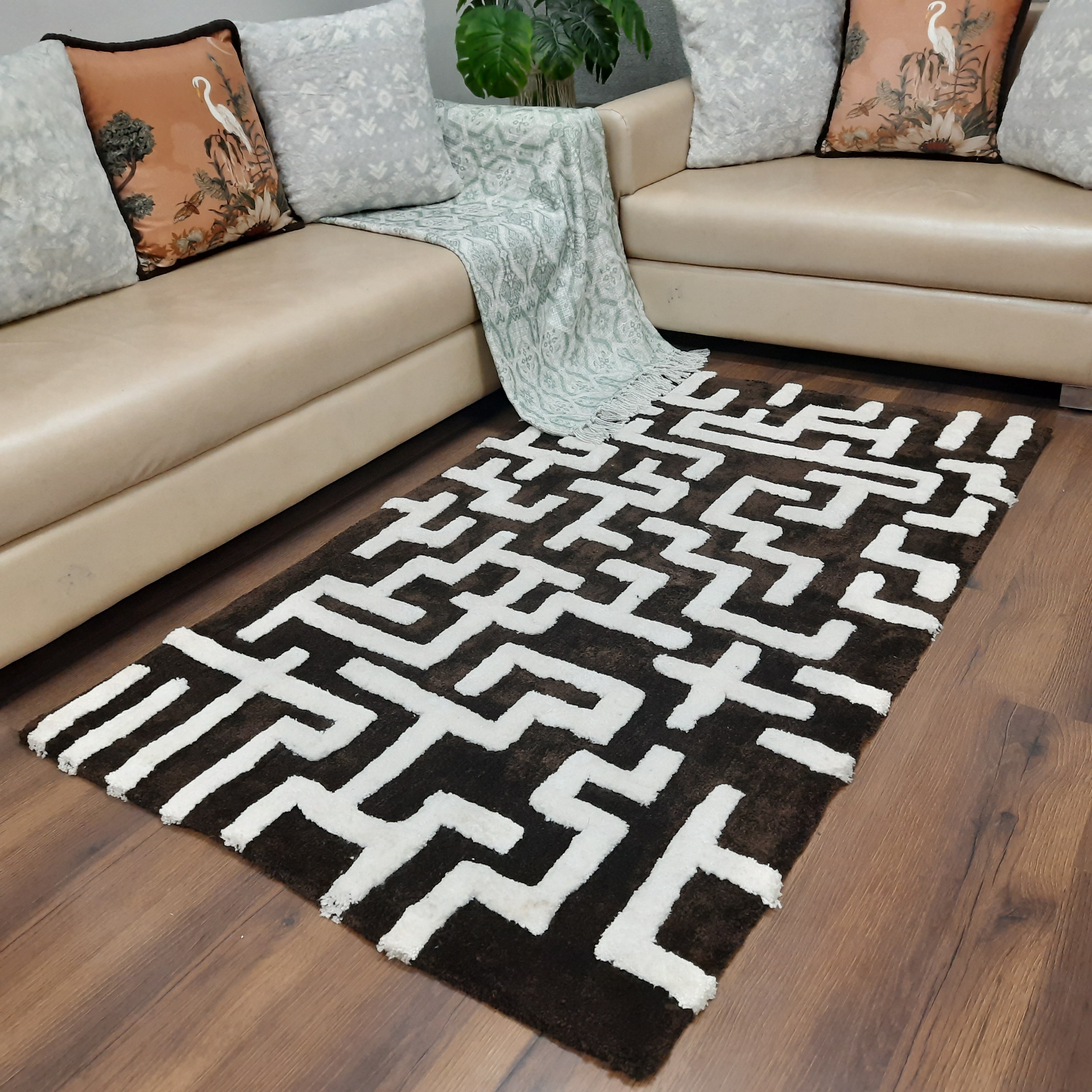 Avioni Modern Collection- Micro Dark Coffee & Ivory With Geometric Design Tufted Carpet-Different Sizes Shaggy Fluffy Rugs and Carpet for Living Room