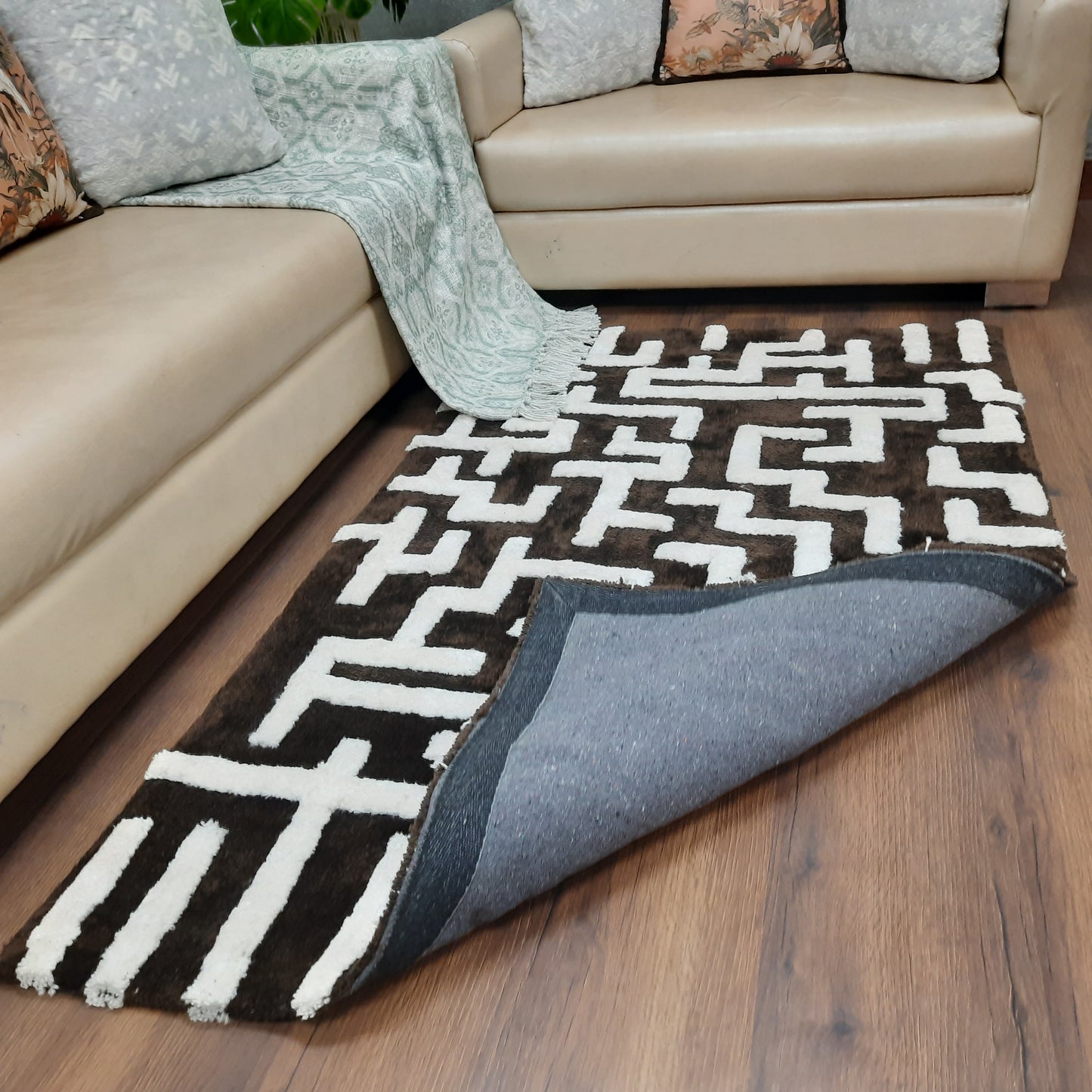 Avioni Modern Collection- Micro Dark Coffee & Ivory With Geometric Design Tufted Carpet-Different Sizes Shaggy Fluffy Rugs and Carpet for Living Room