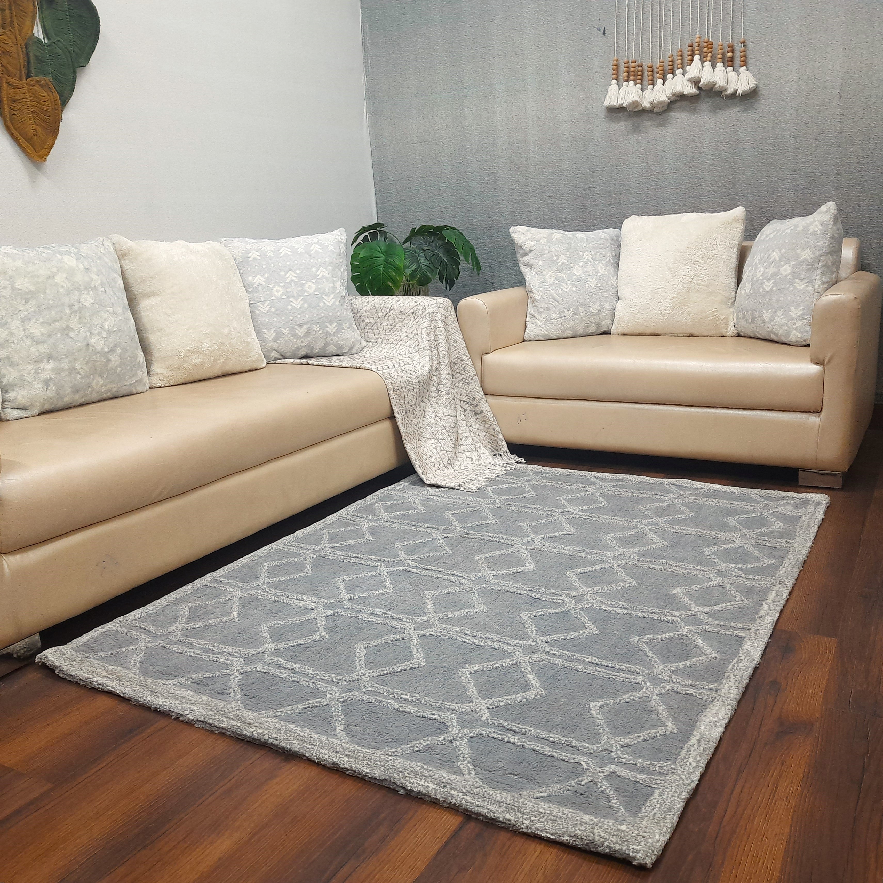 Avioni Modern Collection- Plush Grey Carpet with 3d Ethnic Design -Different Sizes Shaggy Fluffy Rugs and Carpet for Living Room