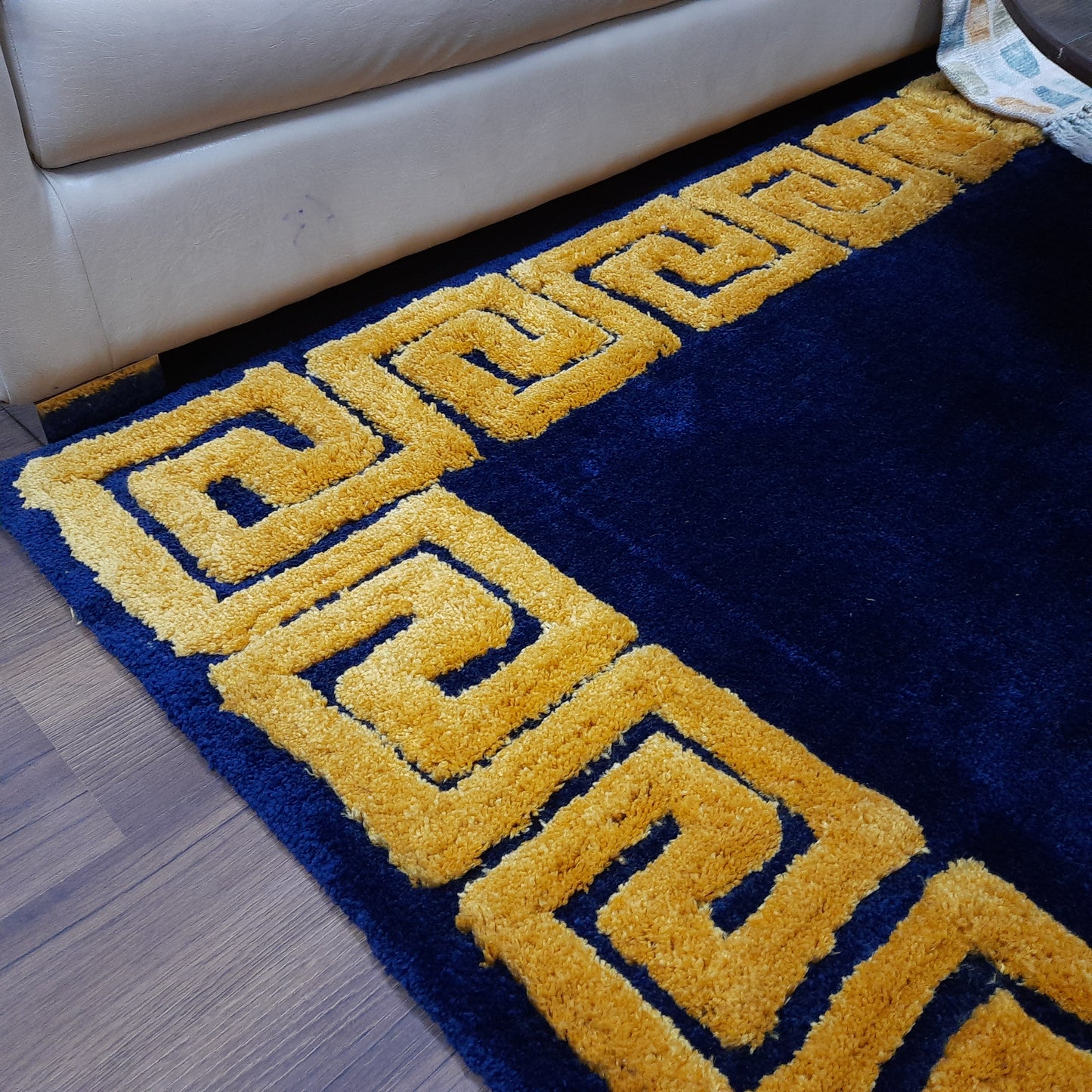 Avioni Atlas Collection- Micro Navy Blue with 3D Yellow Designer Border -Different Sizes Shaggy Fluffy Rugs and Carpet for Living Room
