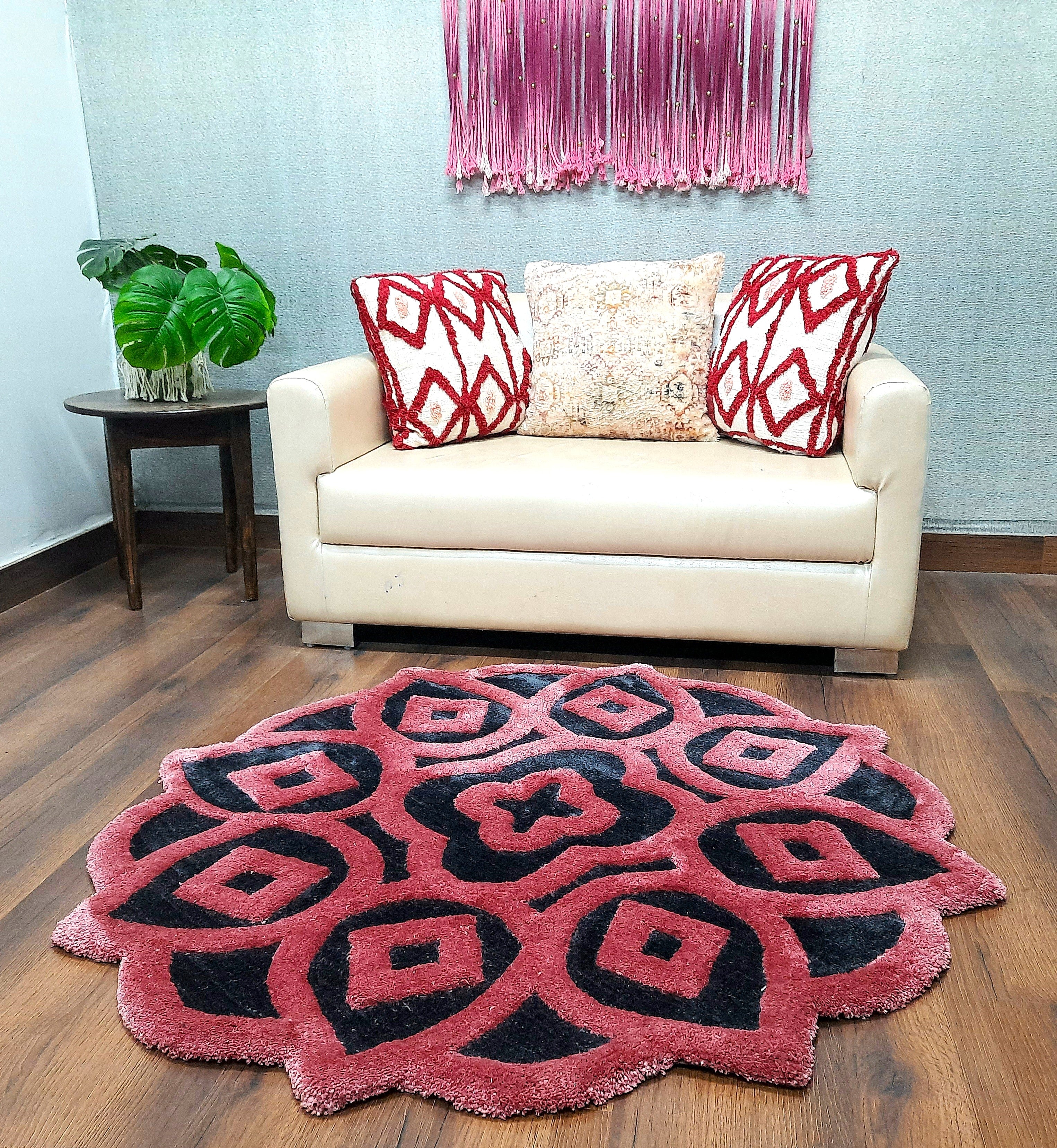 Avioni Home Rangoli Design Micro Yarn Round Carpet In Pink/Wine & Black| Soft, Non-Slip, Easy to Clean