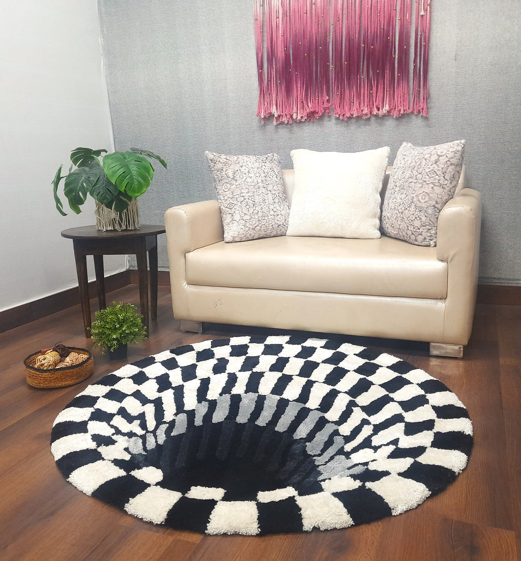 Avioni Home Vortex 3D Illusion Soft Plush Micro Yarn Round Carpet In Black & White| Soft, Non-Slip, Easy to Clean