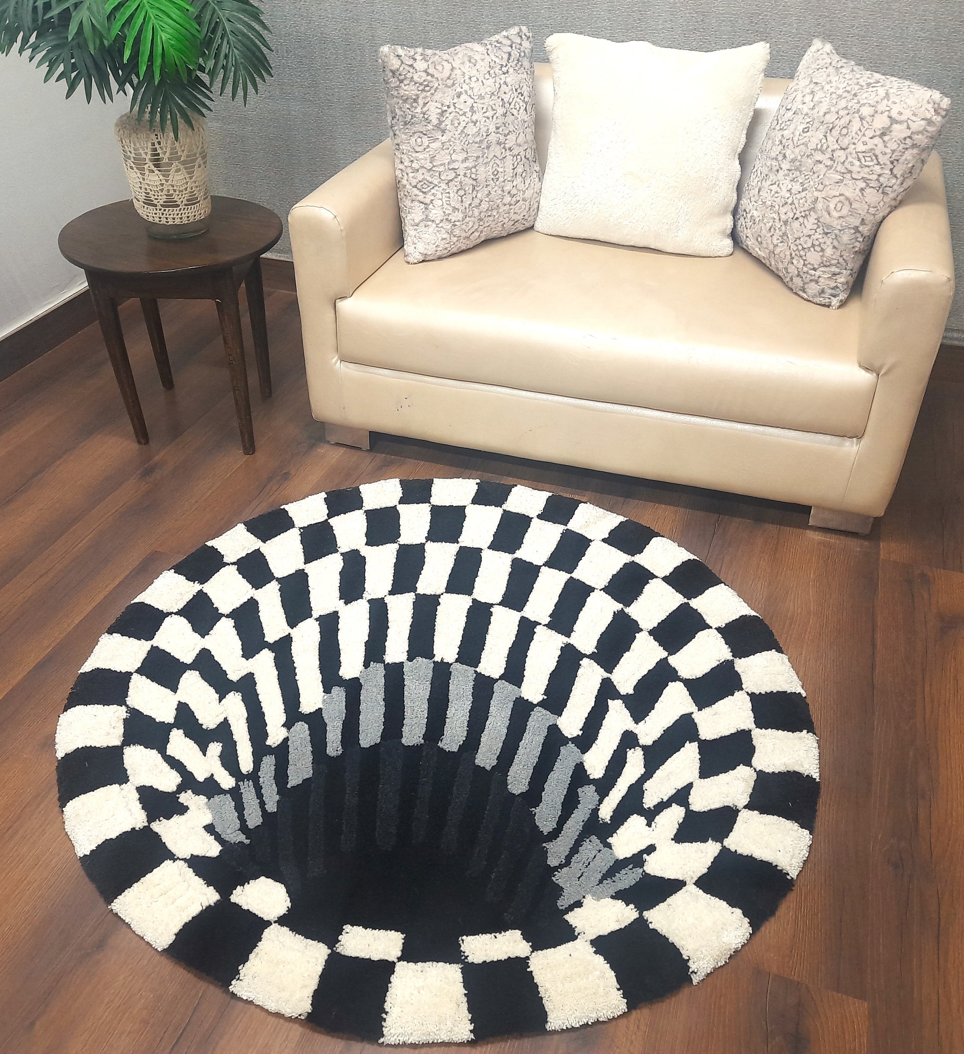Avioni Home Vortex 3D Illusion Soft Plush Micro Yarn Round Carpet In Black & White| Soft, Non-Slip, Easy to Clean