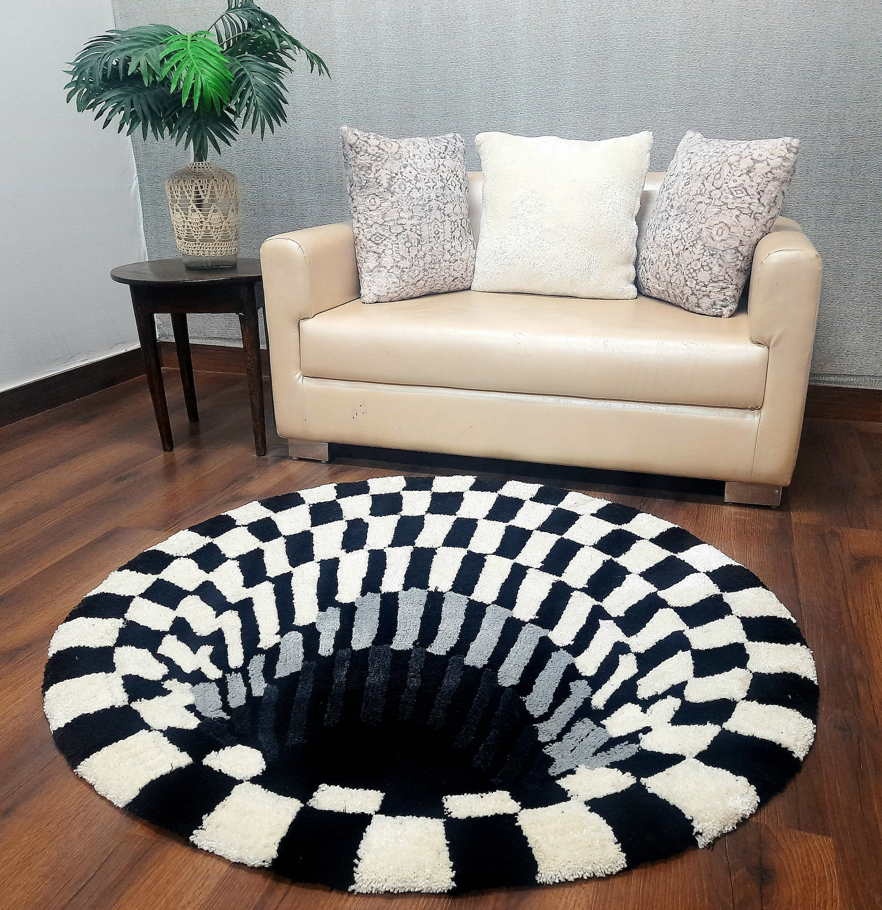 Avioni Home Vortex 3D Illusion Soft Plush Micro Yarn Round Carpet In Black & White| Soft, Non-Slip, Easy to Clean