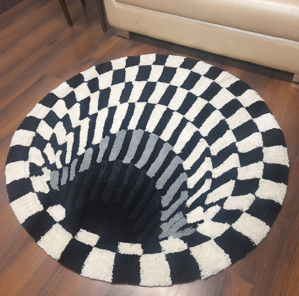 Avioni Home Vortex 3D Illusion Soft Plush Micro Yarn Round Carpet In Black & White| Soft, Non-Slip, Easy to Clean