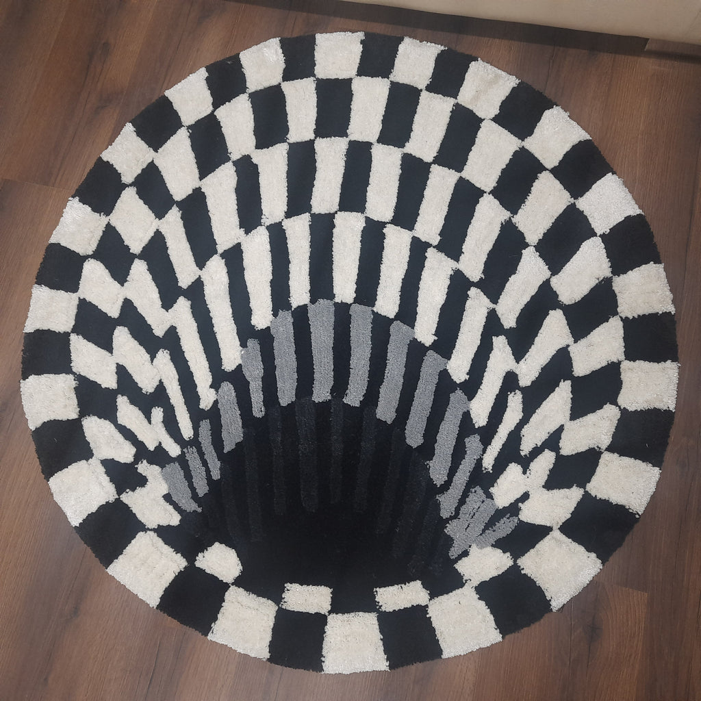 Avioni Home Vortex 3D Illusion Soft Plush Micro Yarn Round Carpet In Black & White| Soft, Non-Slip, Easy to Clean