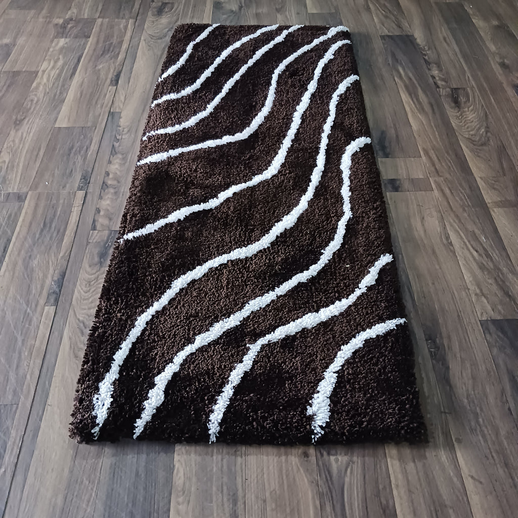 Handloom Shaggy Coffee Carpet With White Wave Design /Bedside Runners by Avioni Home