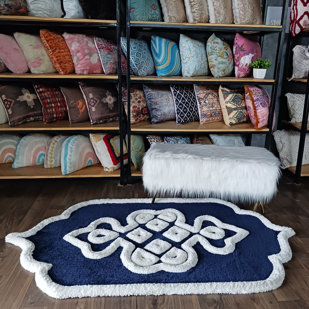 Avioni Luxury Collection- Plush Luxury Navy and White 3D Border Carpet for Living / Bed Room