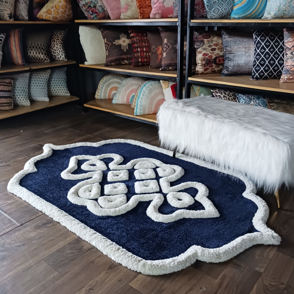 Avioni Luxury Collection- Plush Luxury Navy and White 3D Border Carpet for Living / Bed Room