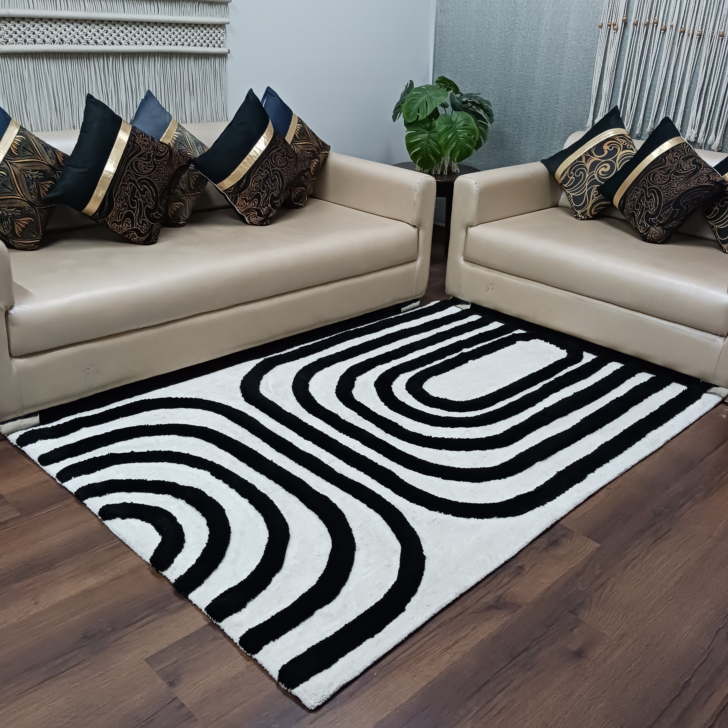 Avioni Home Microfiber 3D Monochrome Carpet In Black & Ivory| Soft, Easy to Clean