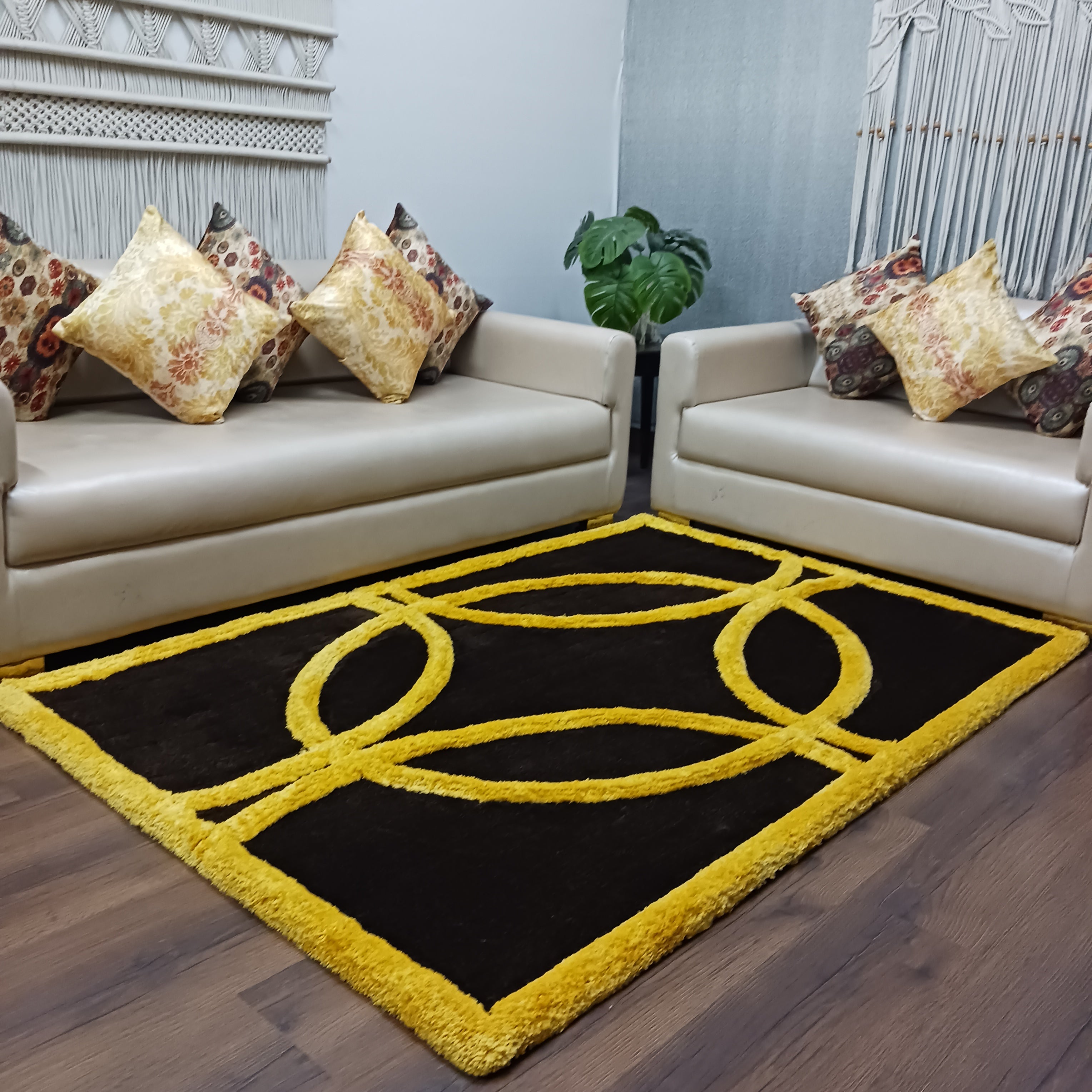 Avioni Luxury Collection- Plush Luxury Coffee and Yellow 3D Modern Design Carpet for Living / Bed Room