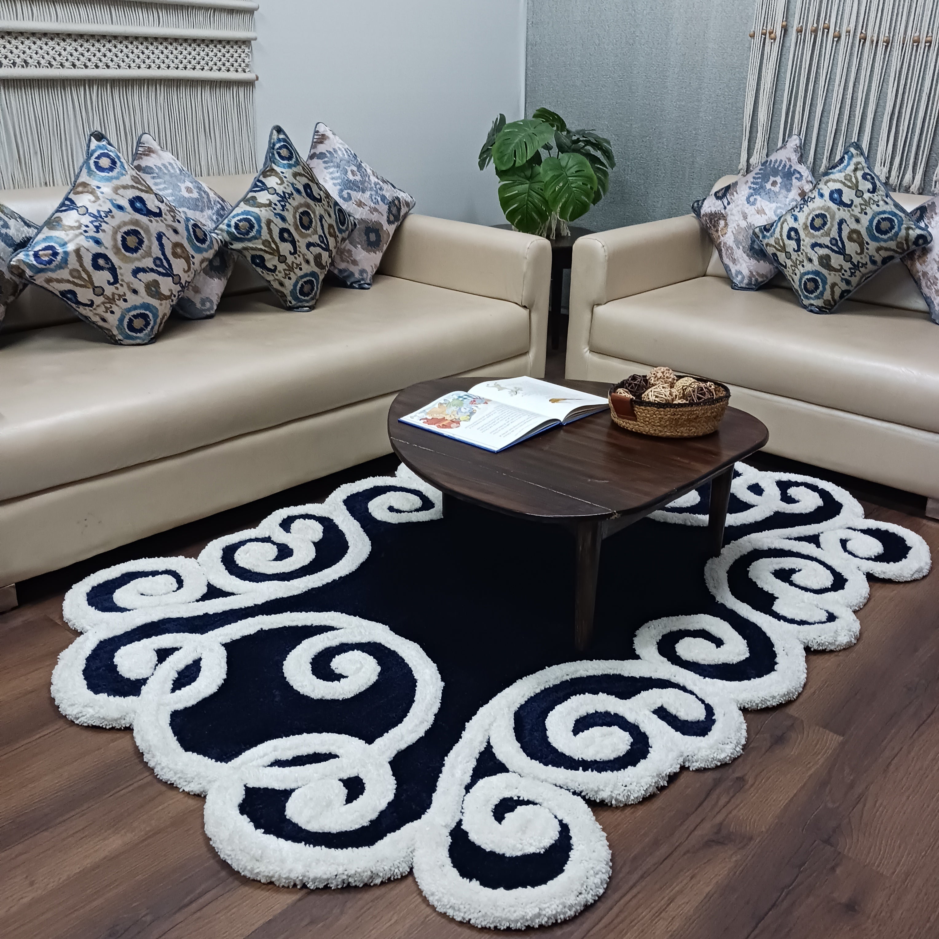 Avioni Luxury Collection- Plush Luxury Navy and White 3D Floral Border Carpet for Living / Bed Room