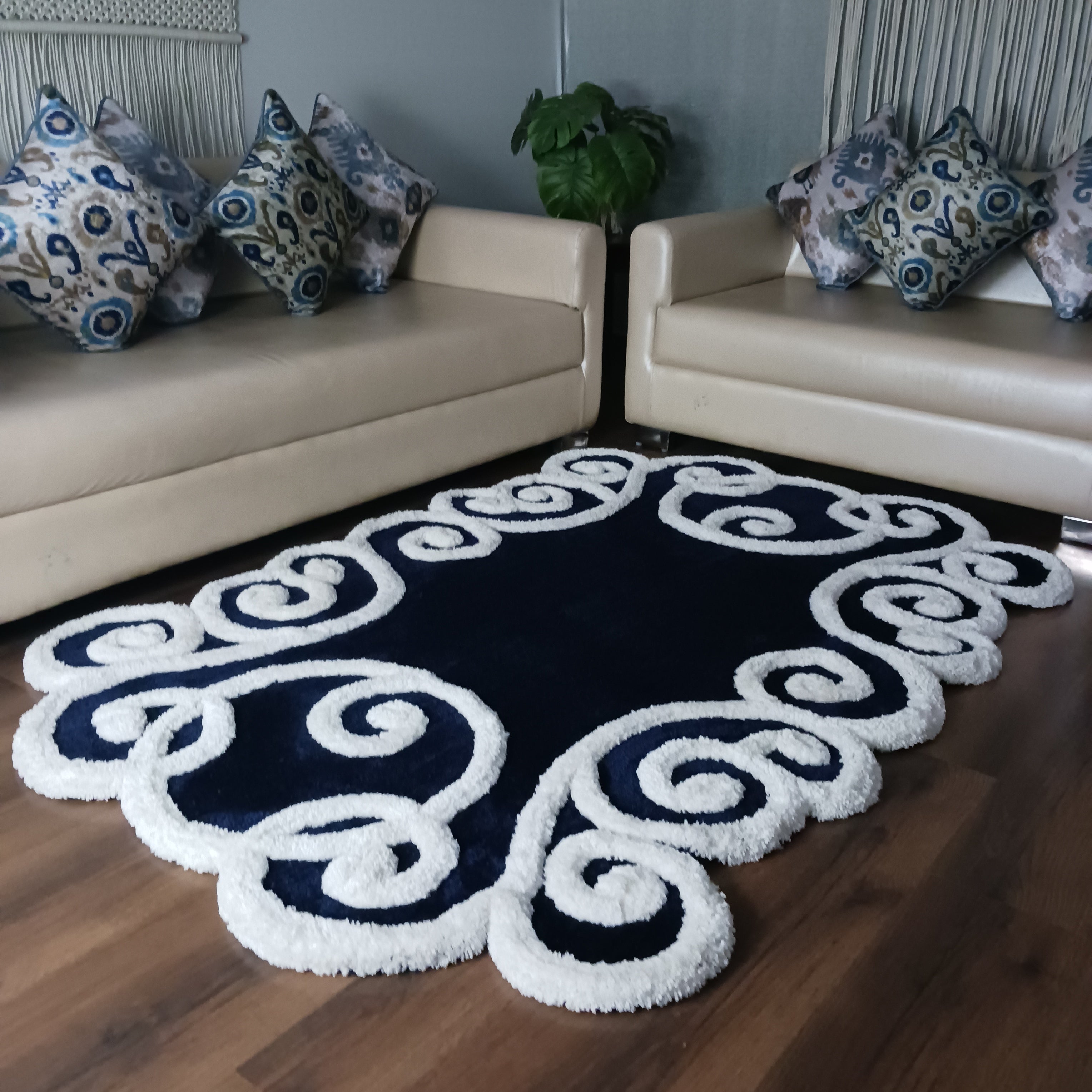 Avioni Luxury Collection- Plush Luxury Navy and White 3D Floral Border Carpet for Living / Bed Room