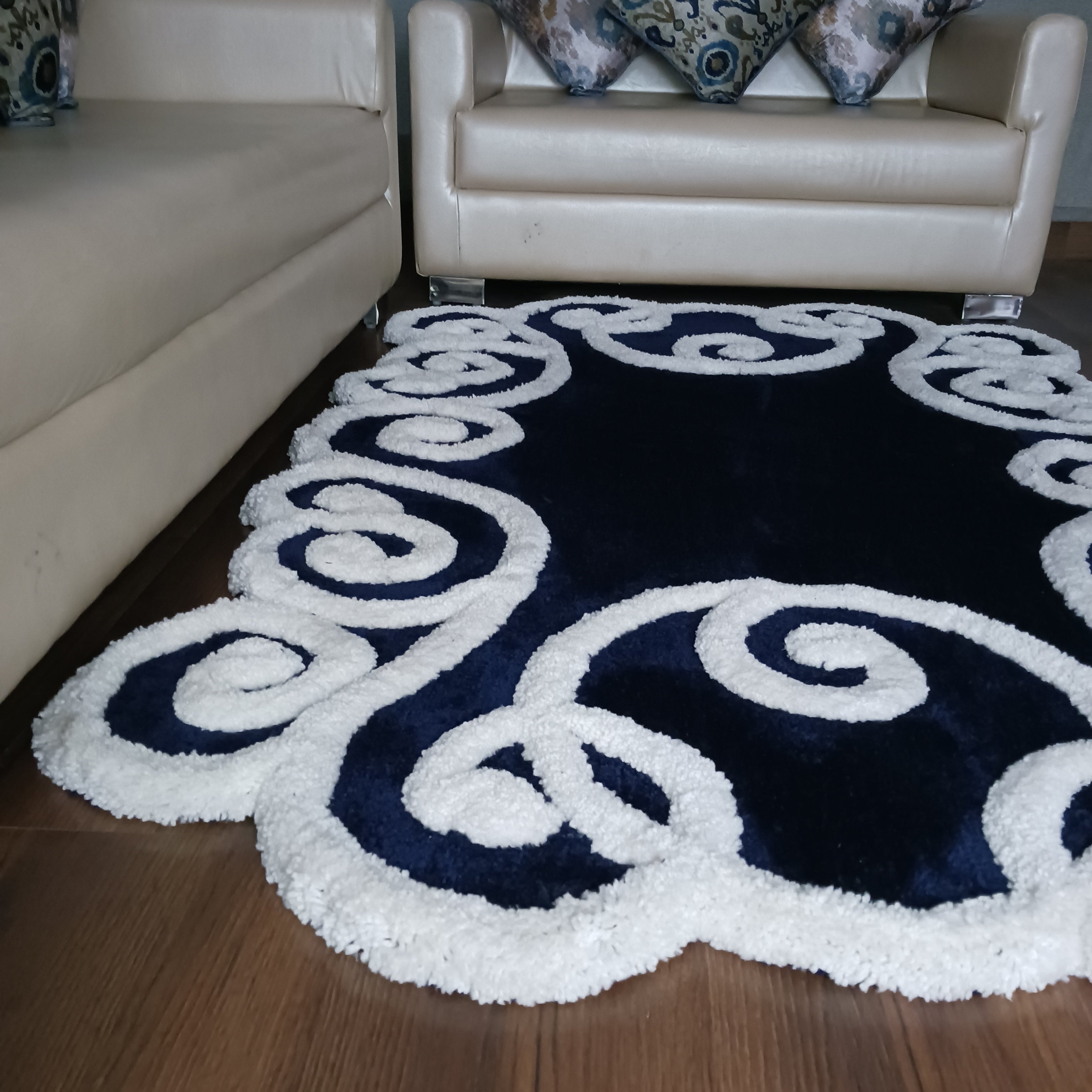 Avioni Luxury Collection- Plush Luxury Navy and White 3D Floral Border Carpet for Living / Bed Room