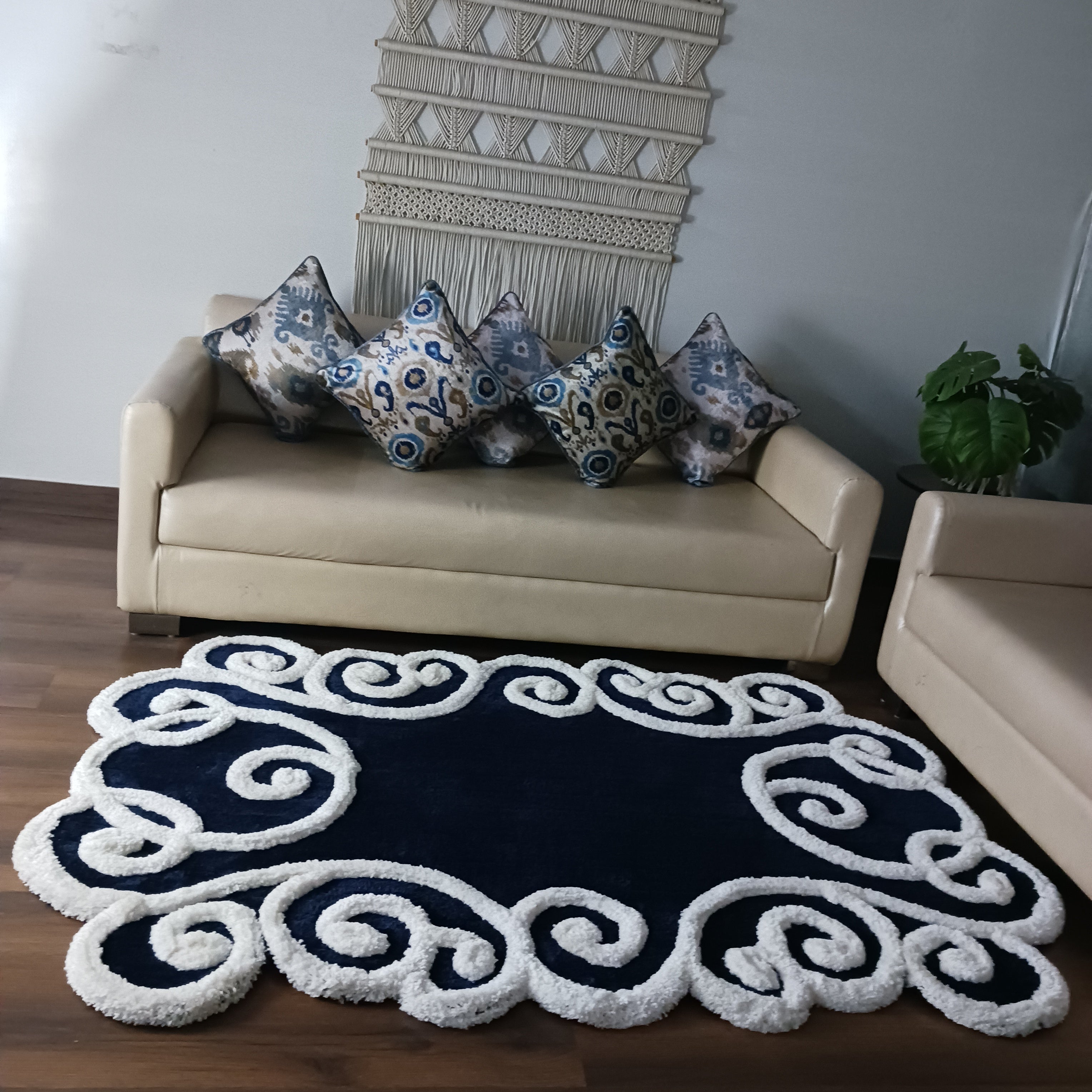 Avioni Luxury Collection- Plush Luxury Navy and White 3D Floral Border Carpet for Living / Bed Room