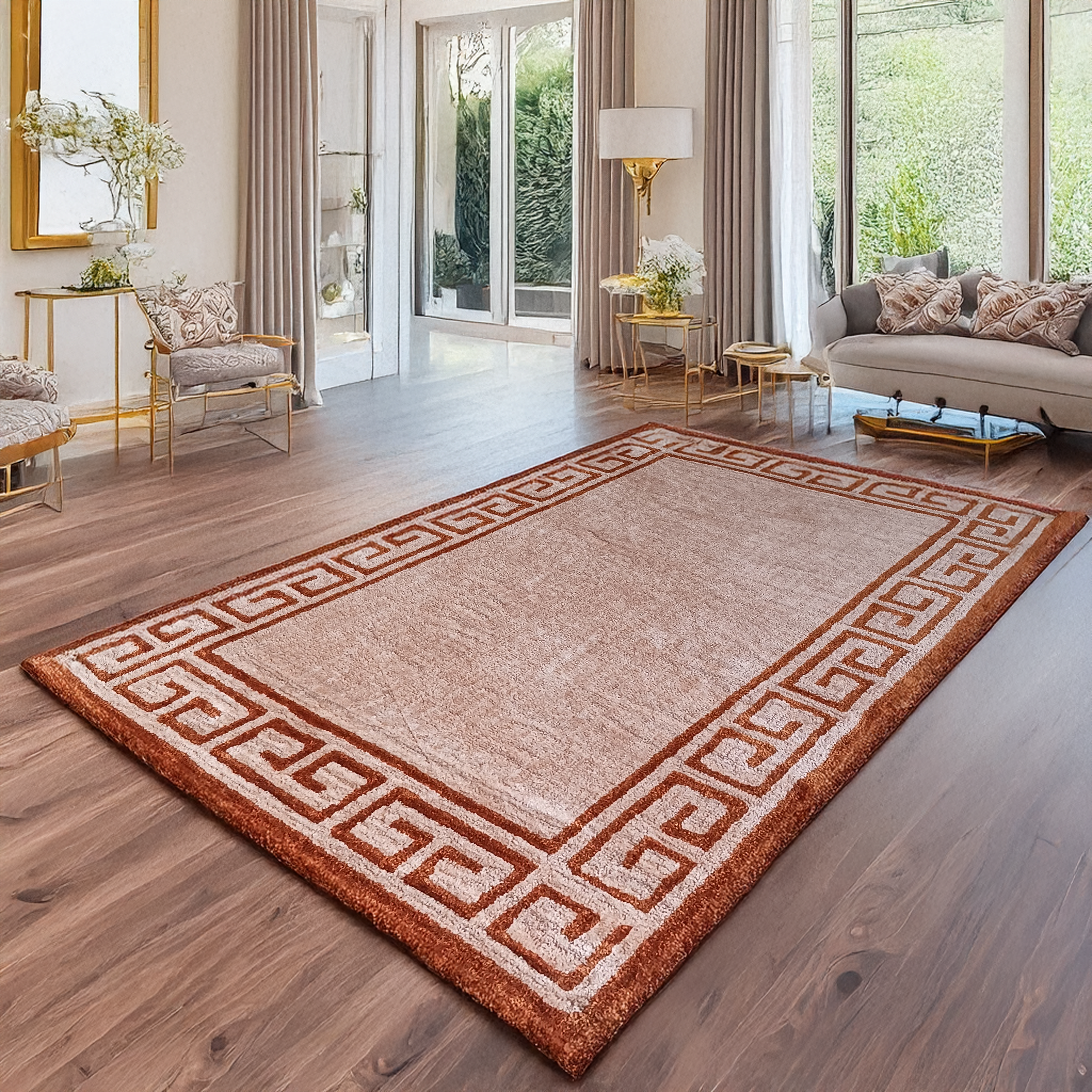 Avioni Luxury Collection- Plush Luxury Beige and Brown Carpet with Greek Border Design -Different Sizes- Carpet for Living Room