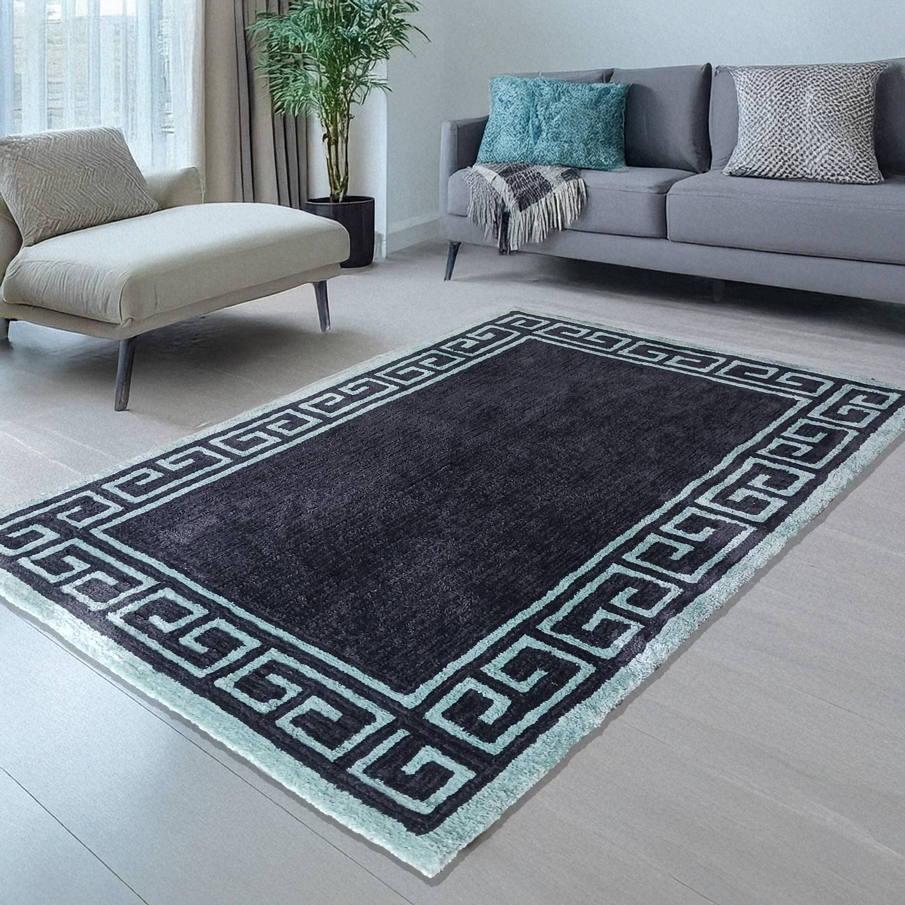 Avioni Luxury Collection- Plush Luxury Dark Grey and Aqua Carpet with Greek Border Design -Different Sizes- Carpet for Living Room