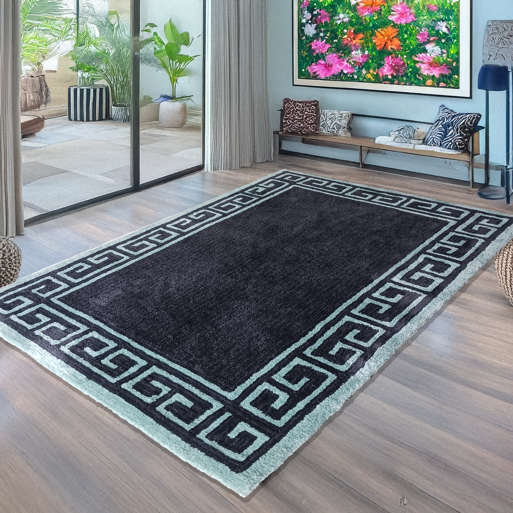 Avioni Luxury Collection- Plush Luxury Dark Grey and Aqua Carpet with Greek Border Design -Different Sizes- Carpet for Living Room