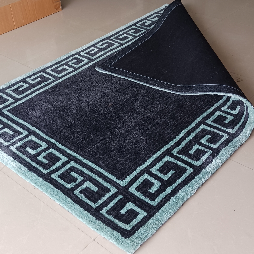Avioni Luxury Collection- Plush Luxury Dark Grey and Aqua Carpet with Greek Border Design -Different Sizes- Carpet for Living Room
