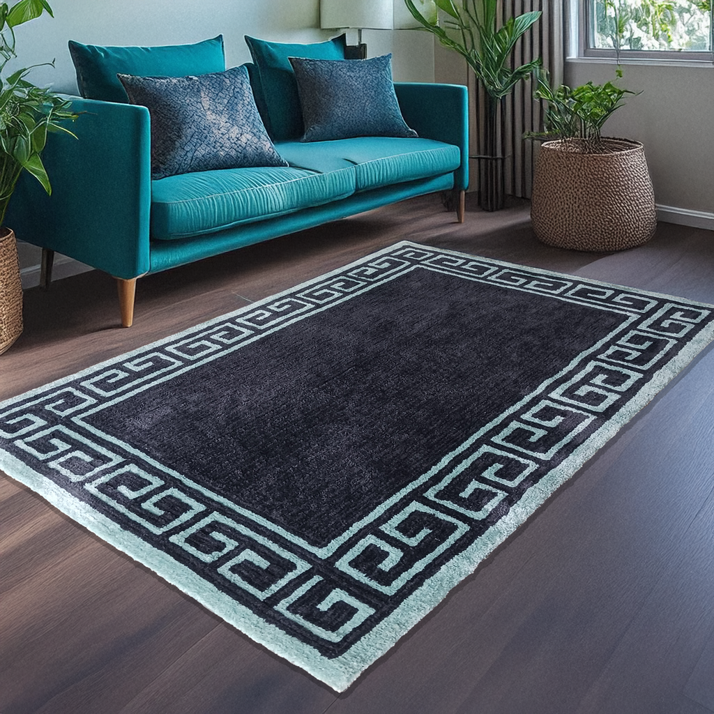 Avioni Luxury Collection- Plush Luxury Dark Grey and Aqua Carpet with Greek Border Design -Different Sizes- Carpet for Living Room