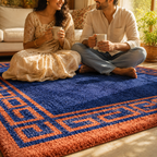 Avioni Luxury Collection- Plush Luxury Navy Blue and Golden Mustard Carpet with Greek Border Design -Different Sizes- Carpet for Living Room