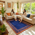 Avioni Luxury Collection- Plush Luxury Navy Blue and Golden Mustard Carpet with Greek Border Design -Different Sizes- Carpet for Living Room