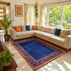 Avioni Luxury Collection- Plush Luxury Navy Blue and Golden Mustard Carpet with Greek Border Design -Different Sizes- Carpet for Living Room