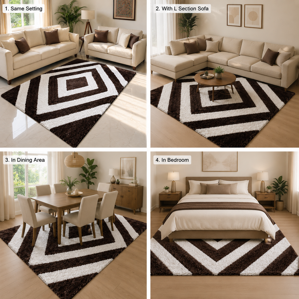Avioni Home Atlas Collection - Moroccan Style Microfiber Carpet In  Dark Coffee & White| Soft, Non-Slip, Easy to Clean