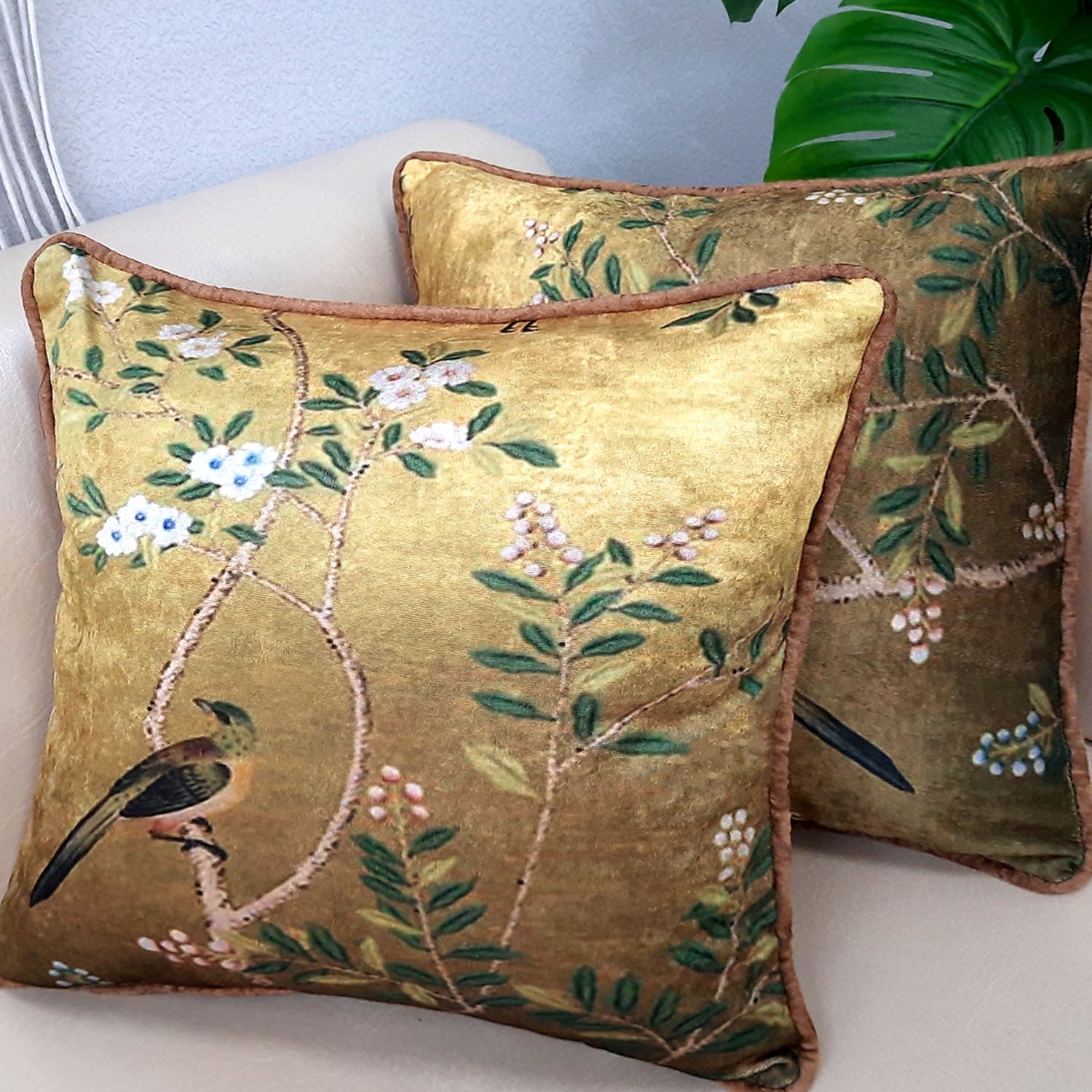 Cushion Cover – Bird on Floral Branch Golden Beautiful Design – 40cm x 40cm (~16″ x 16″)