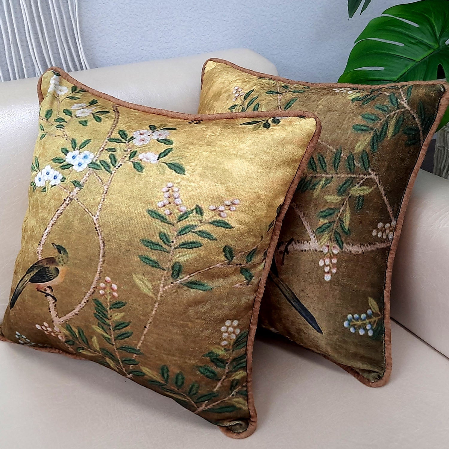 Cushion Cover – Bird on Floral Branch Golden Beautiful Design – 40cm x 40cm (~16″ x 16″)