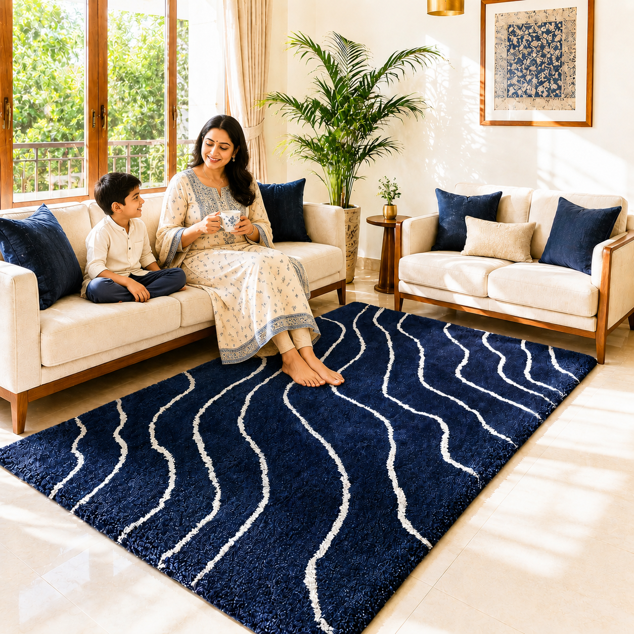 Avioni Home Atlas Collection - Plush Soft Washable Wave Design Carpet In Navy Blue & White| Soft, Carpet Backing, Easy to Clean