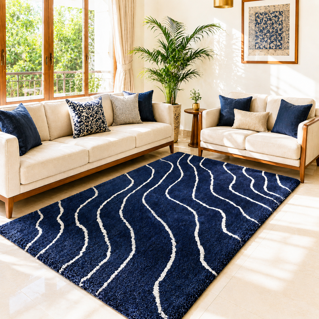 Avioni Home Atlas Collection - Plush Soft Washable Wave Design Carpet In Navy Blue & White| Soft, Carpet Backing, Easy to Clean