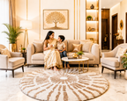 Avioni Home Atlas Collection - Moroccan Style Microfiber Round Carpet In Beige & White| Soft, Non-Slip, Easy to Clean