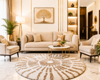 Avioni Home Atlas Collection - Moroccan Style Microfiber Round Carpet In Beige & White| Soft, Non-Slip, Easy to Clean