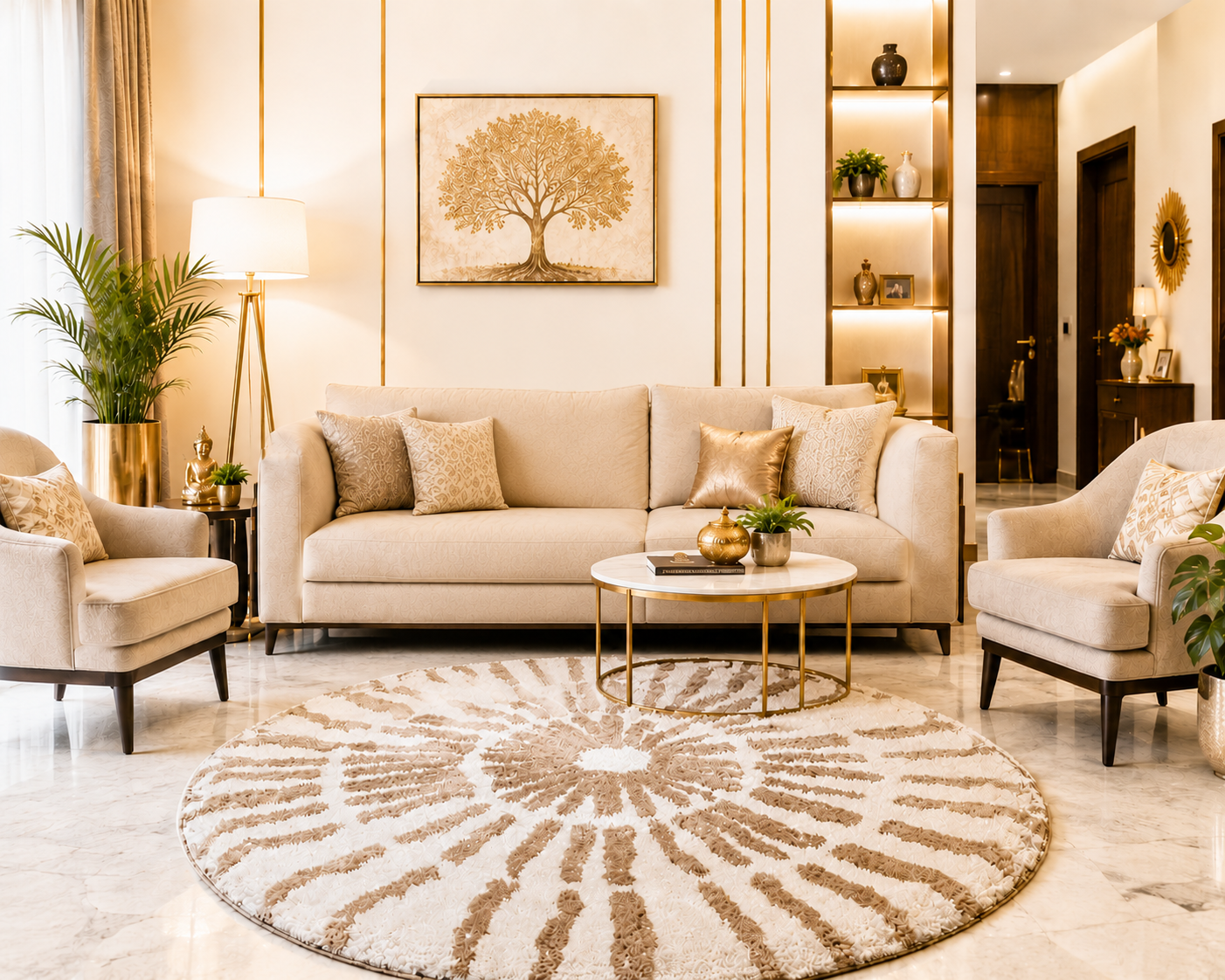 Avioni Home Atlas Collection - Moroccan Style Microfiber Round Carpet In Beige & White| Soft, Non-Slip, Easy to Clean