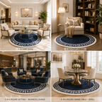 Avioni Home Atlas Collection - Greek Style Microfiber Round Carpet In Navy Blue & White| Soft, Non-Slip, Easy to Clean