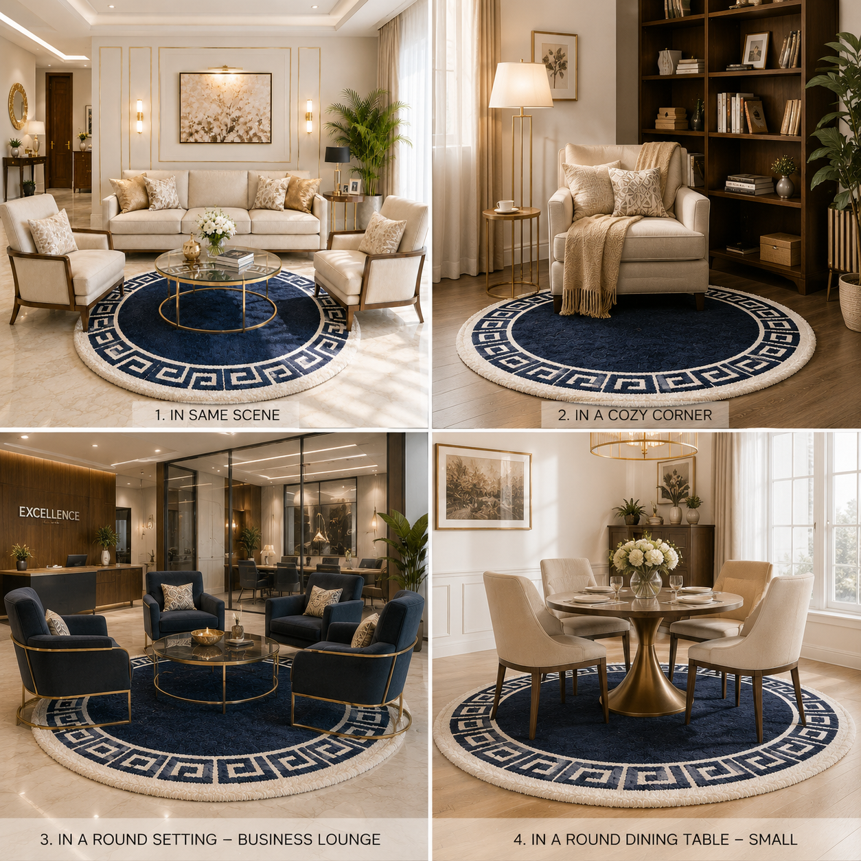 Avioni Home Atlas Collection - Greek Style Microfiber Round Carpet In Navy Blue & White| Soft, Non-Slip, Easy to Clean