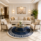 Avioni Home Atlas Collection - Greek Style Microfiber Round Carpet In Navy Blue & White| Soft, Non-Slip, Easy to Clean