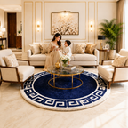 Avioni Home Atlas Collection - Greek Style Microfiber Round Carpet In Navy Blue & White| Soft, Non-Slip, Easy to Clean